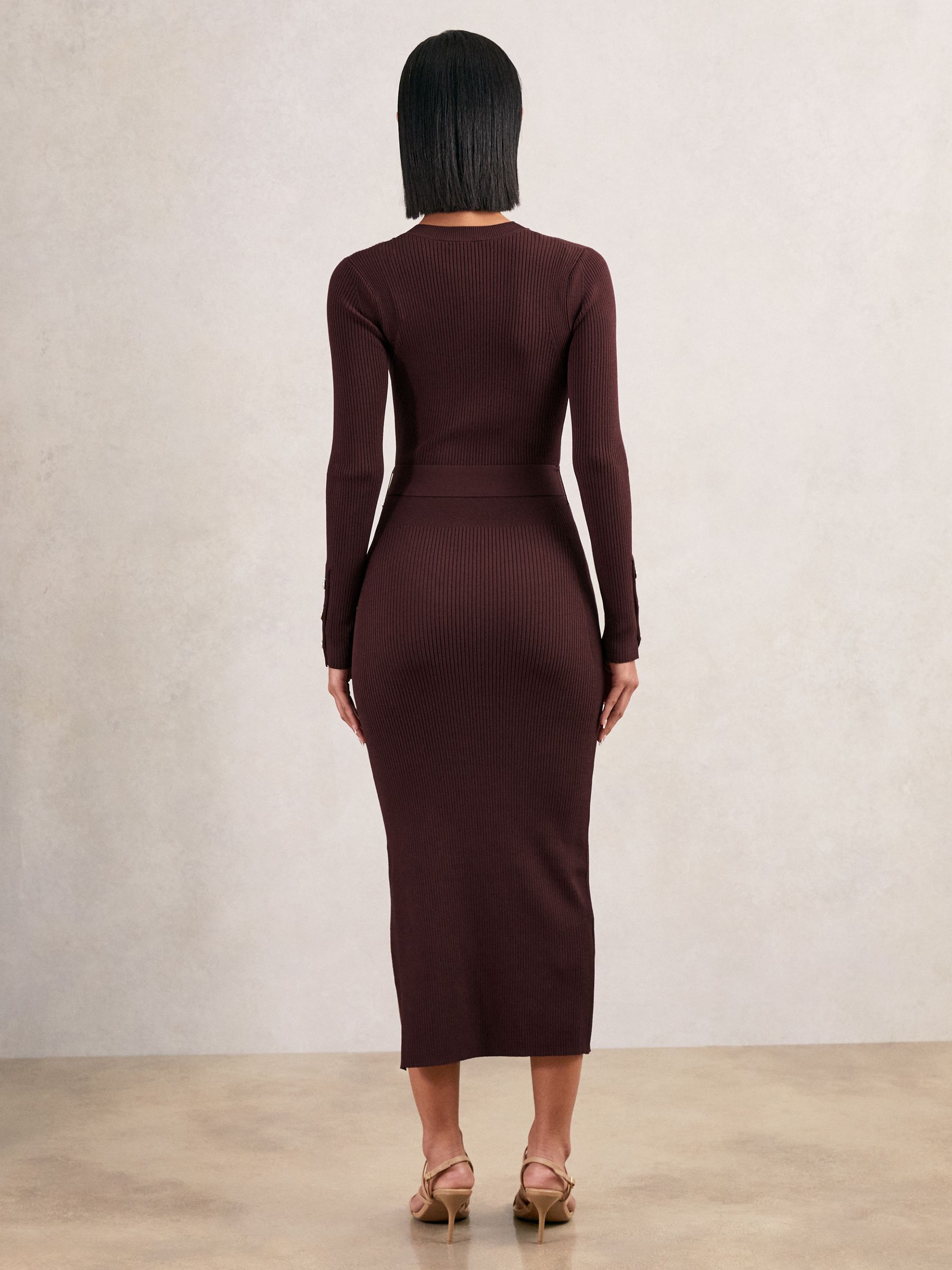 Buttoned Rib-Knit Midi Dress in Burgundy - Image 5 of 6