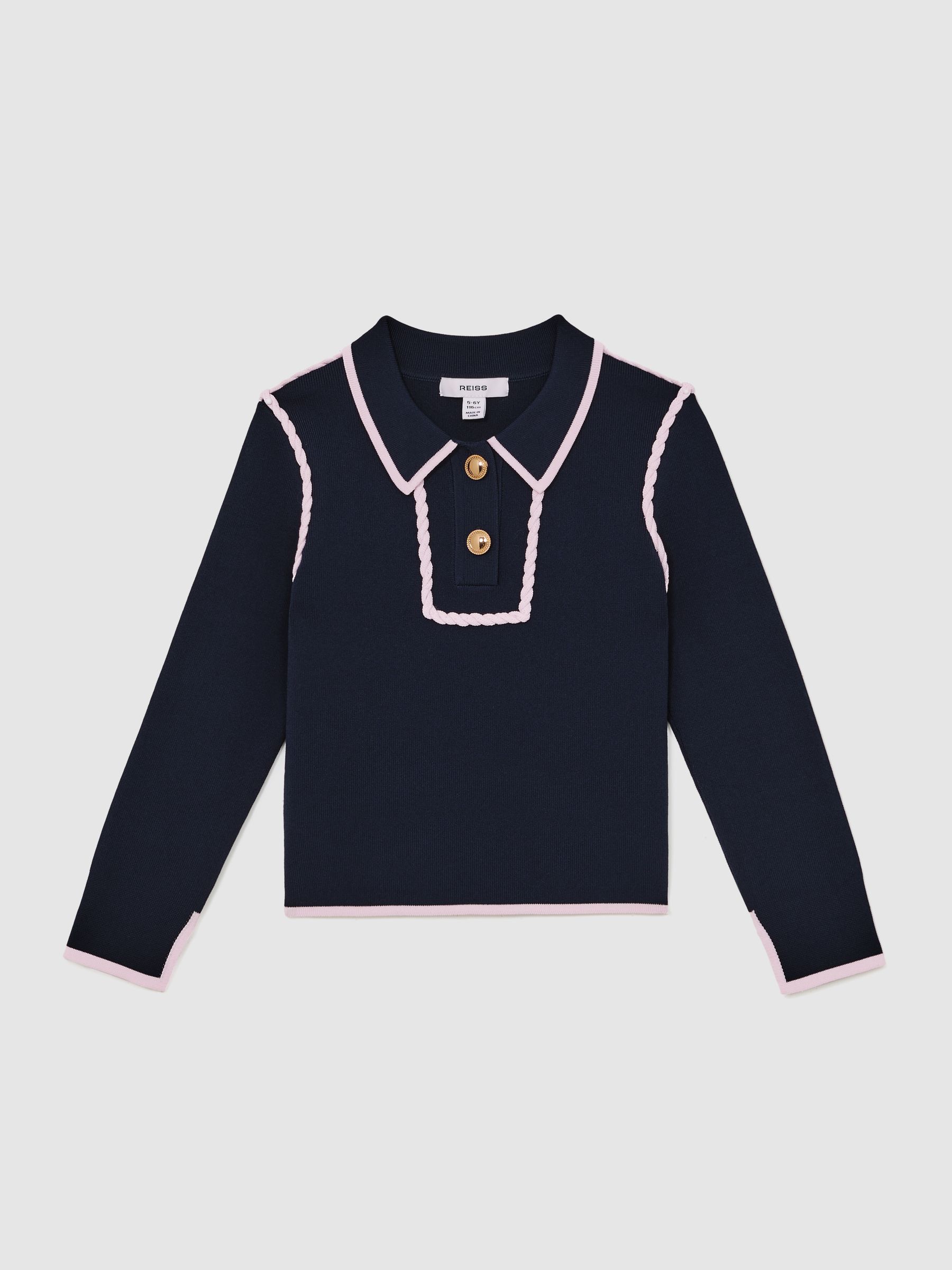 9-13 yrs Piped Knitted Collar Top in Navy - Image 2 of 4