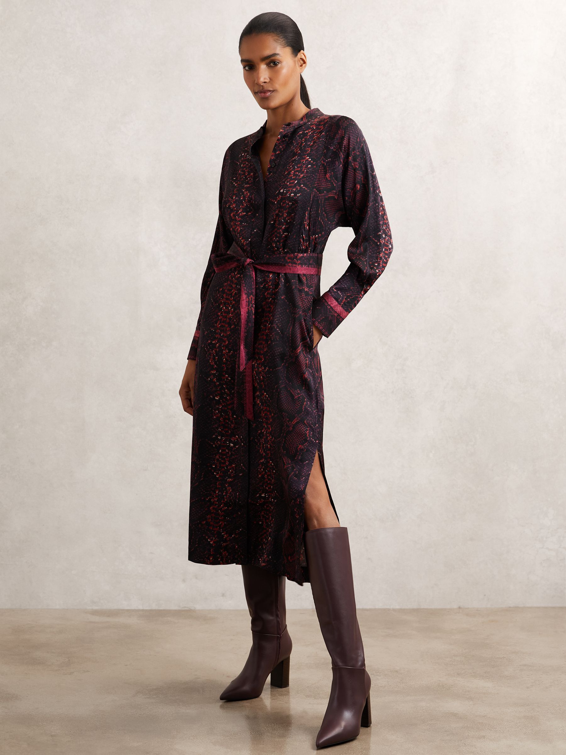 Snake-Print Belted Shirt Dress in Burgundy/Black - Image 1 of 6 Snake-Print Belted Shirt Dress in Burgundy/Black - Image 1 of 6