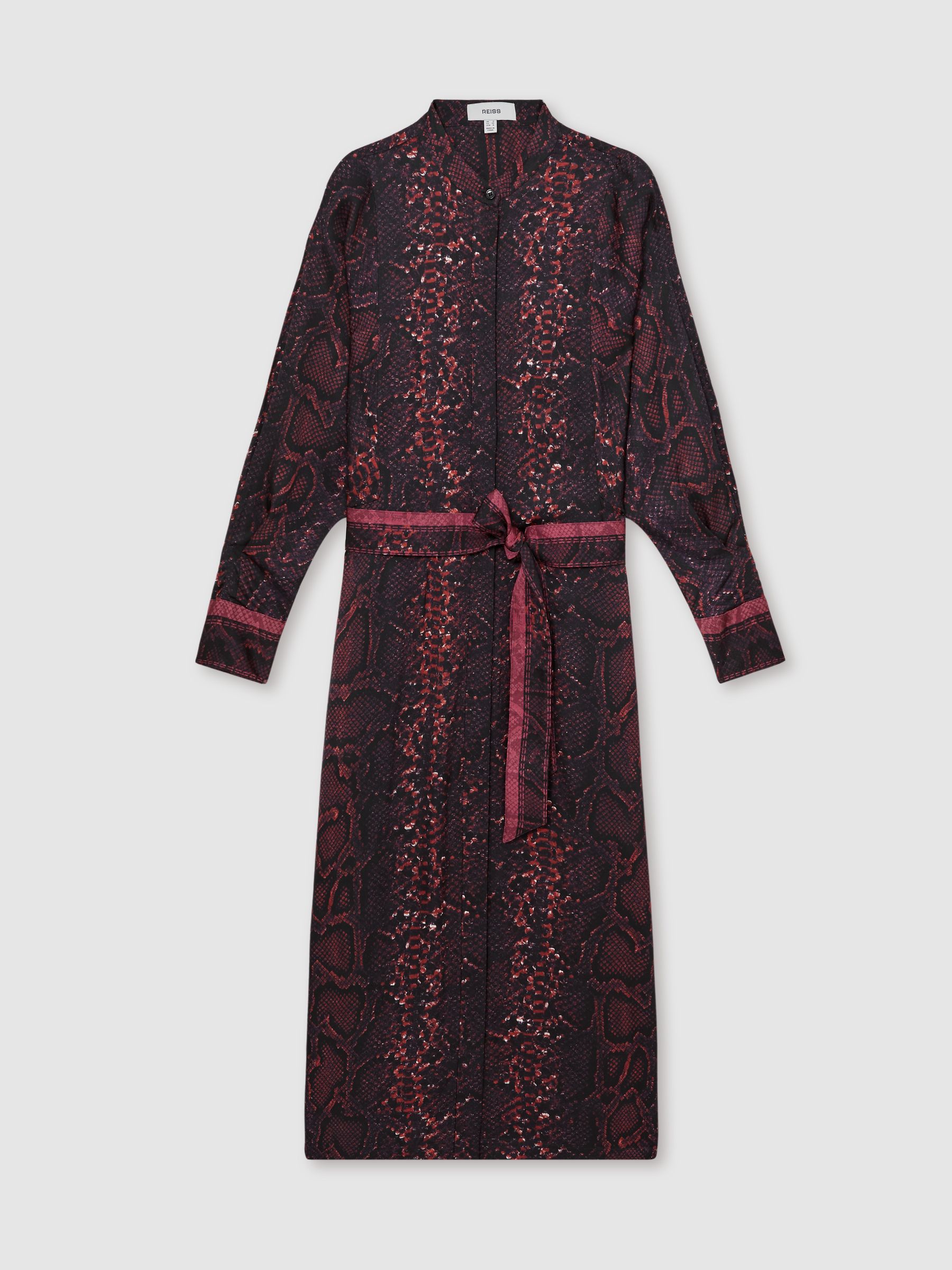 Snake-Print Belted Shirt Dress in Burgundy/Black - Image 2 of 6