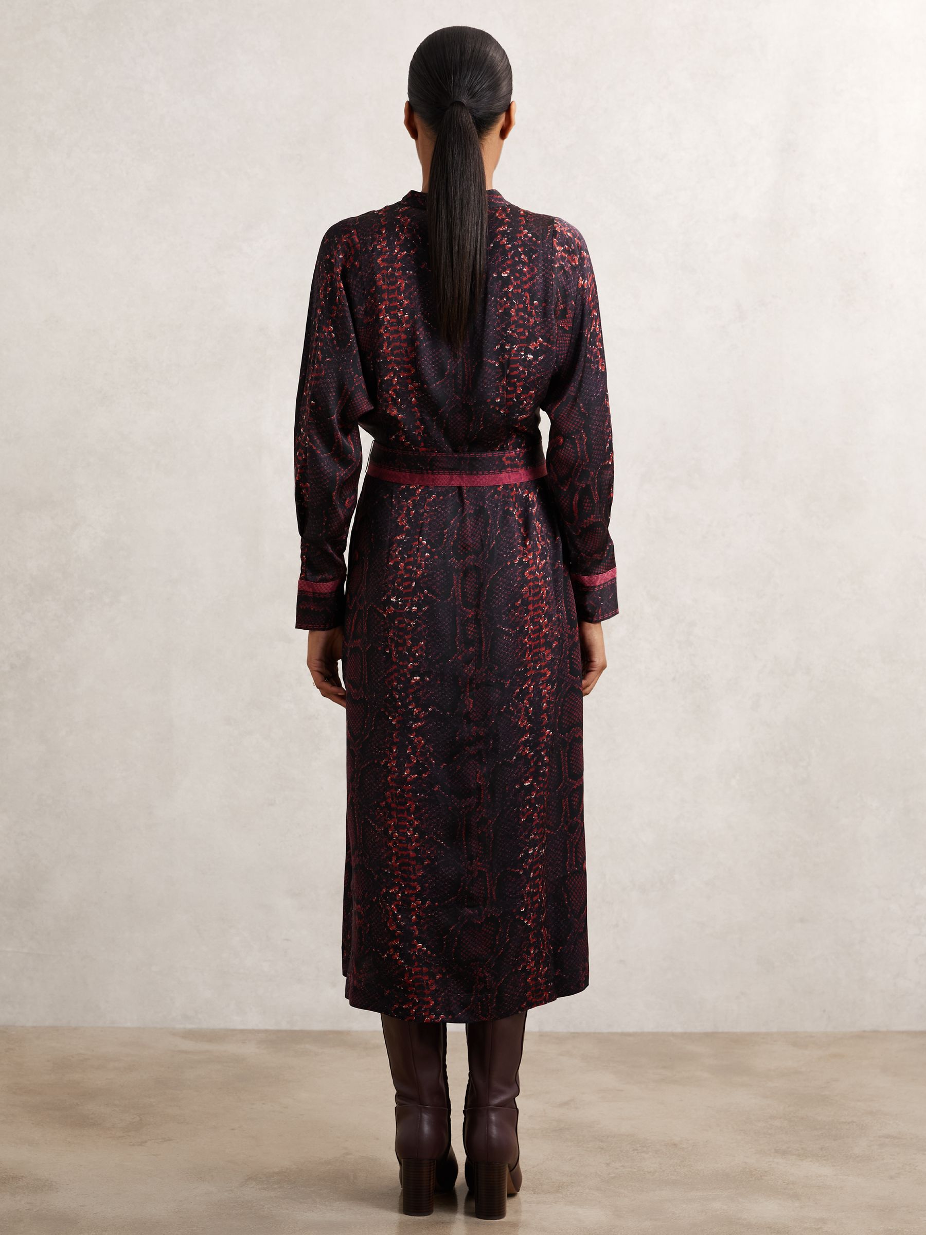 Snake-Print Belted Shirt Dress in Burgundy/Black - image 4