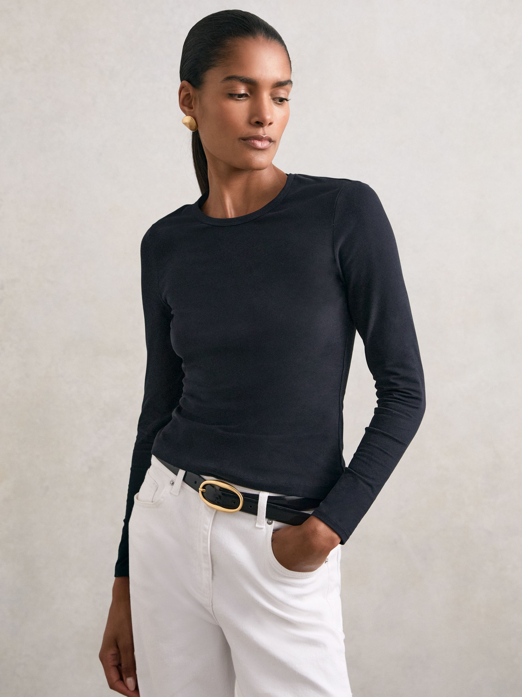Cotton Crew-Neck Long-Sleeve T-Shirt With Stretch in Black - Image 1 of 6 Cotton Crew-Neck Long-Sleeve T-Shirt With Stretch in Black - Image 1 of 6