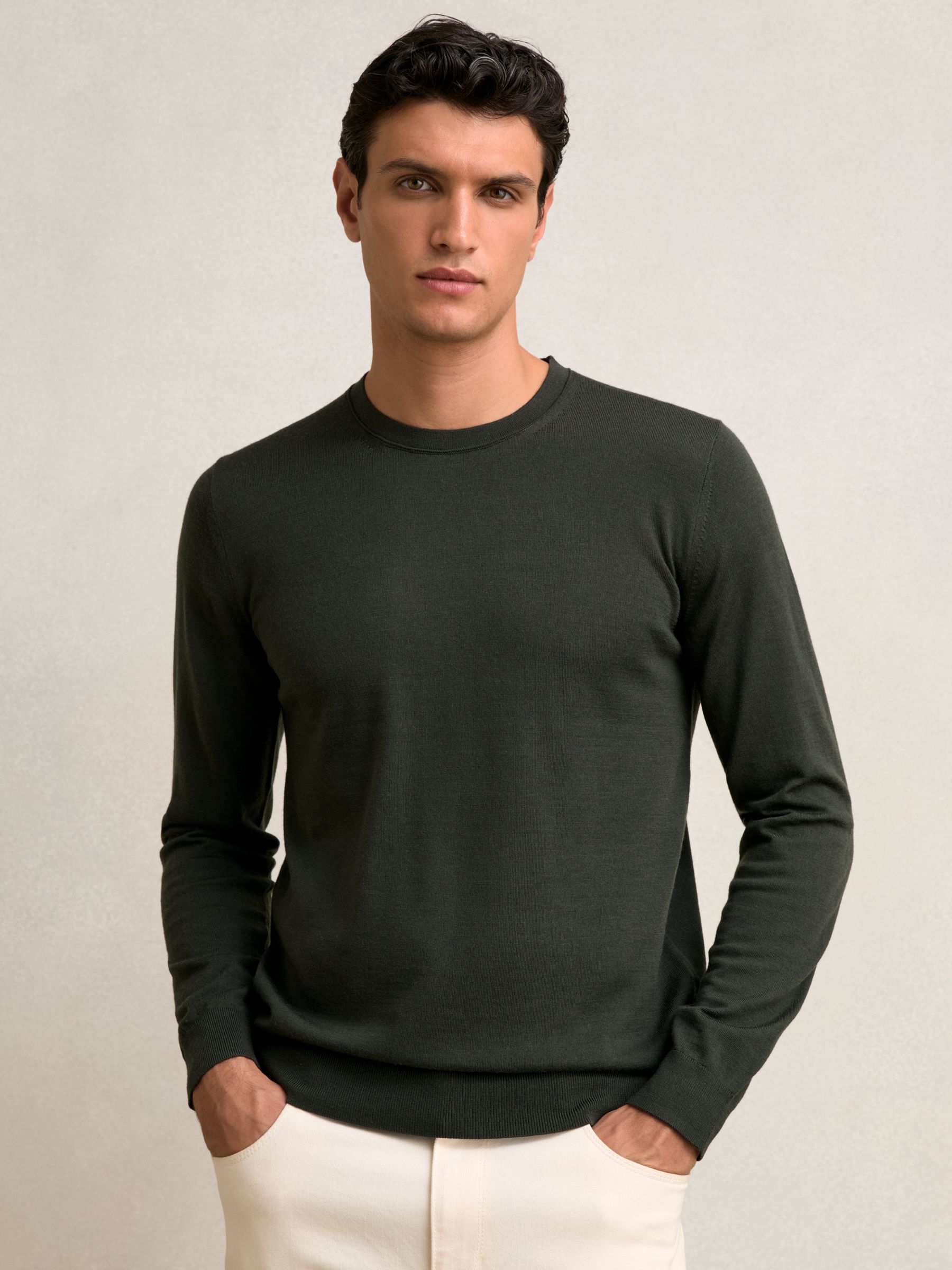 Reiss Merino Wool Crew Neck Jumper in Dark Military Green REISS