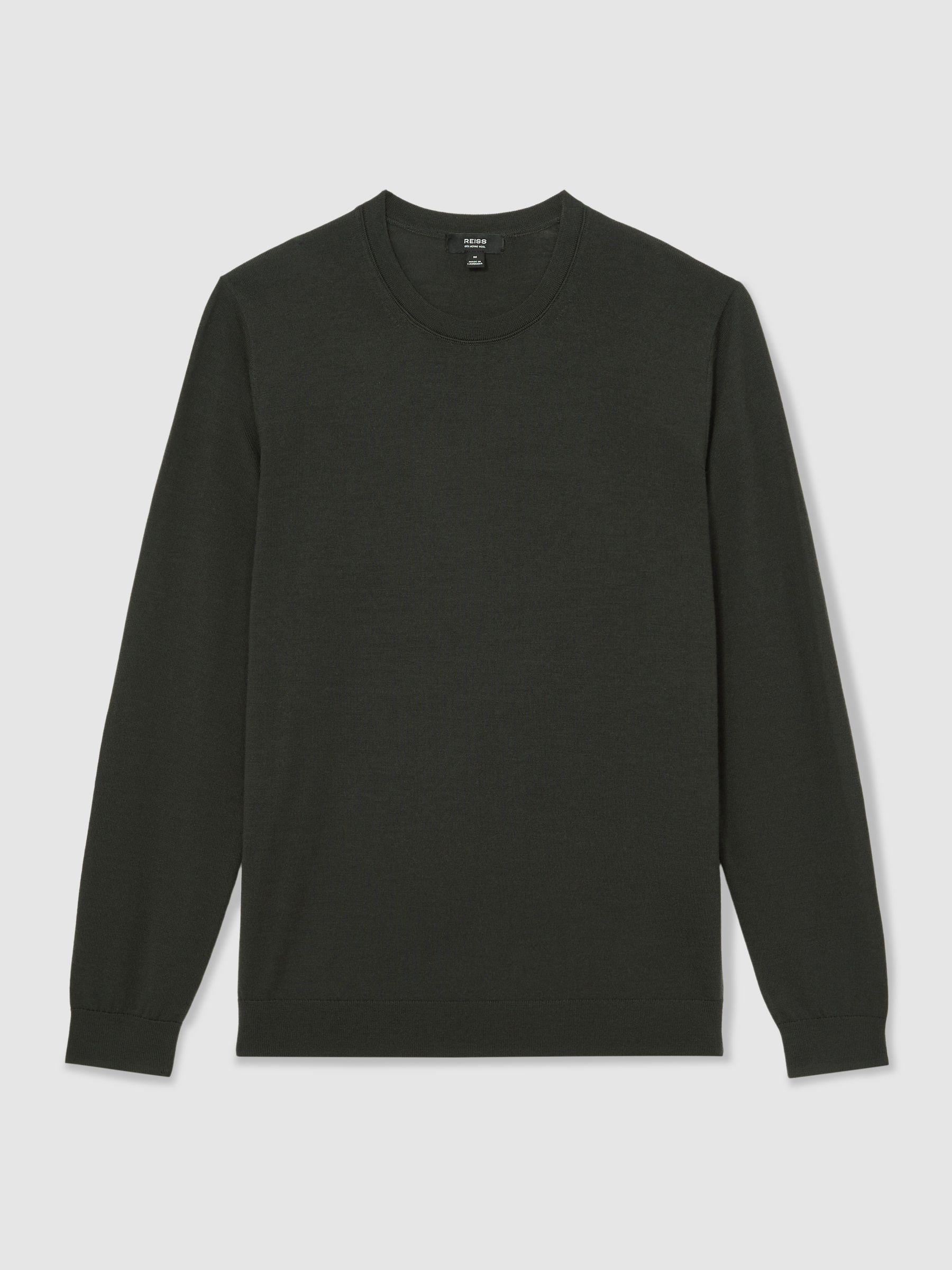Merino Wool Crew Neck Jumper in Dark Military Green - Image 2 of 7