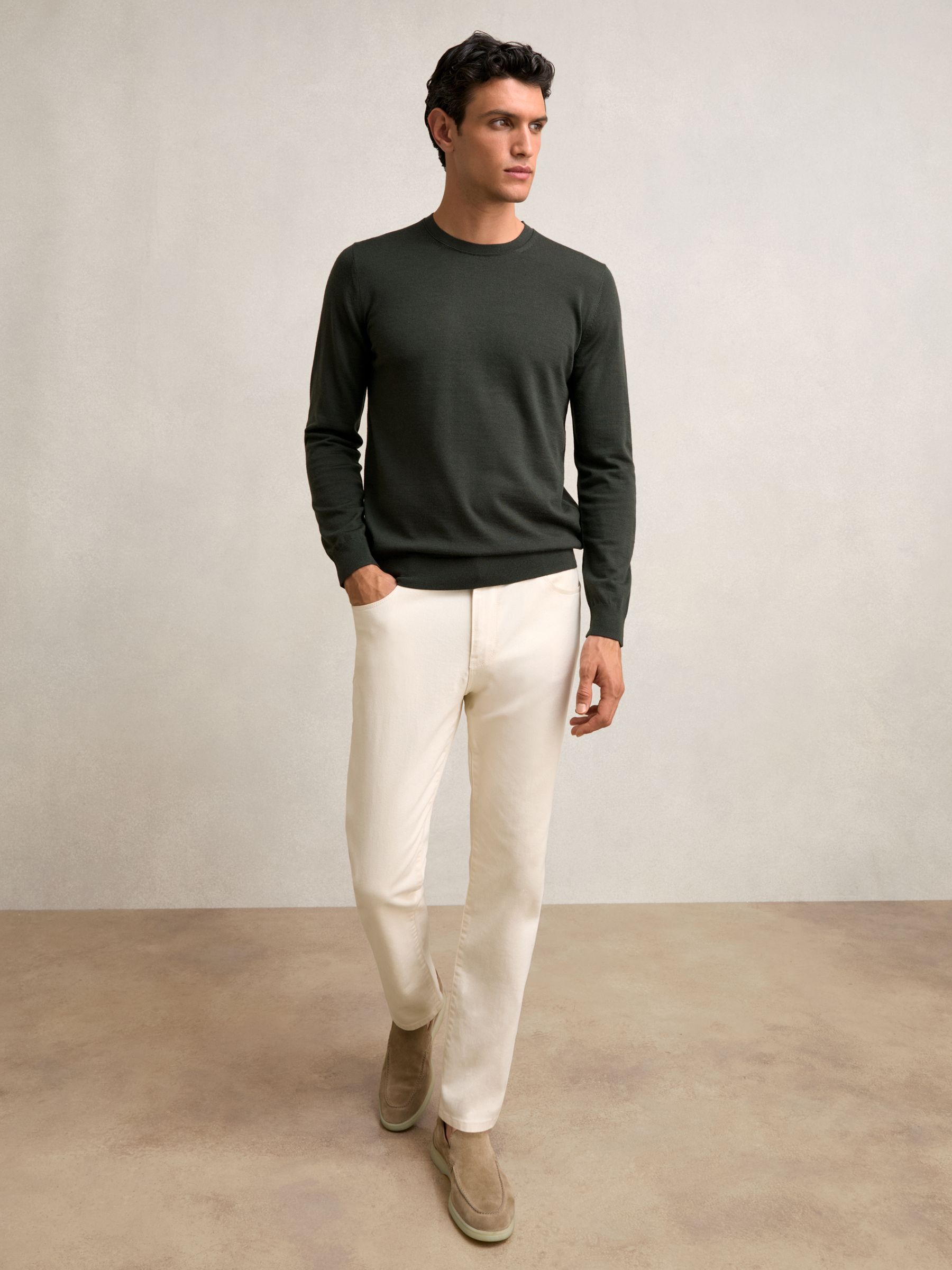 Merino Wool Crew Neck Jumper in Dark Military Green - Image 3 of 7