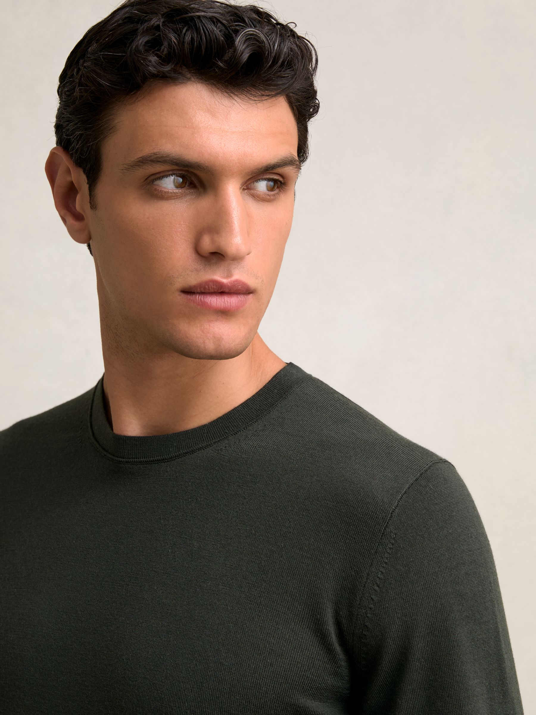 Merino Wool Crew Neck Jumper in Dark Military Green - Image 4 of 7