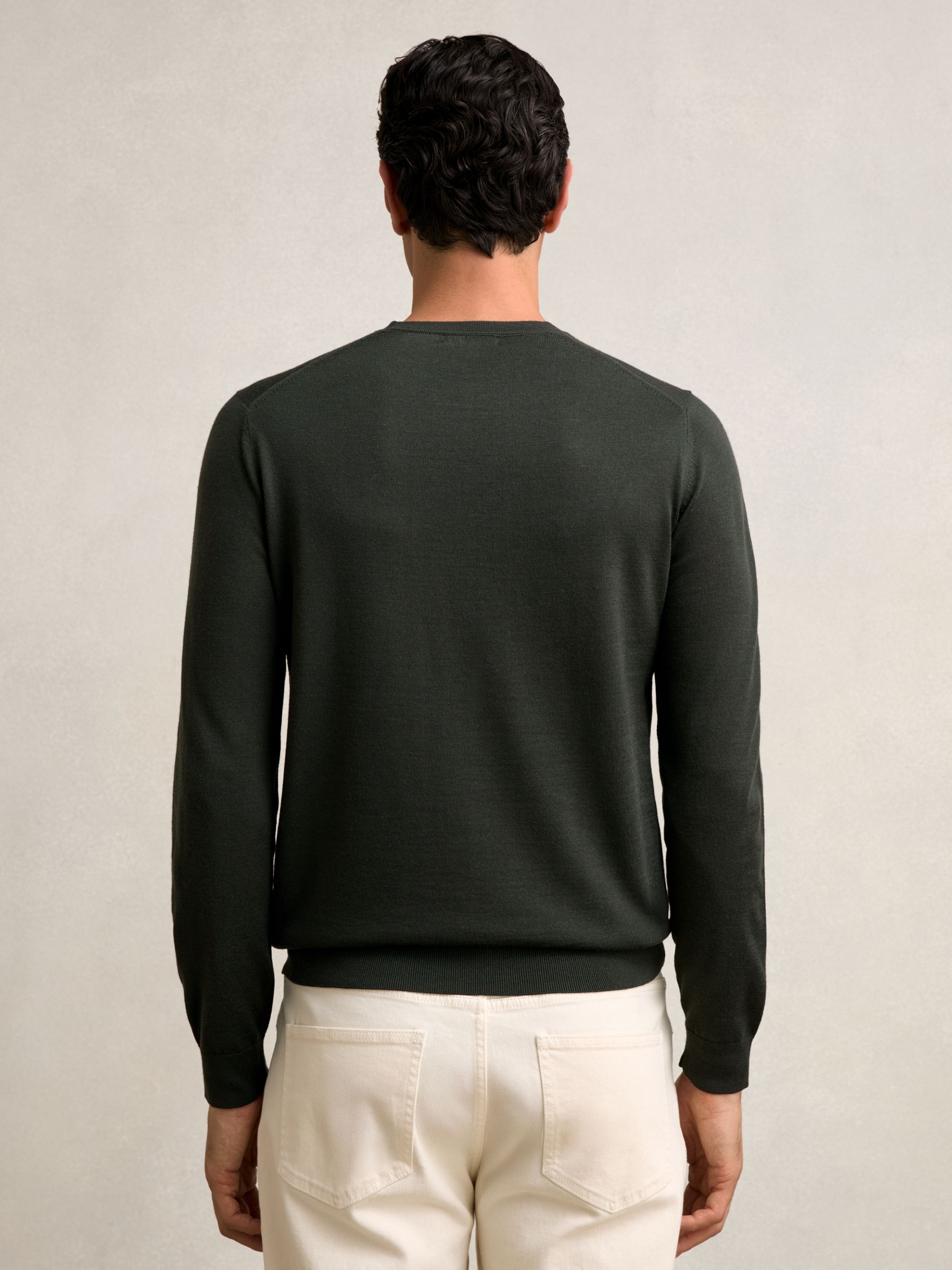 Merino Wool Crew Neck Jumper in Dark Military Green - Image 5 of 7