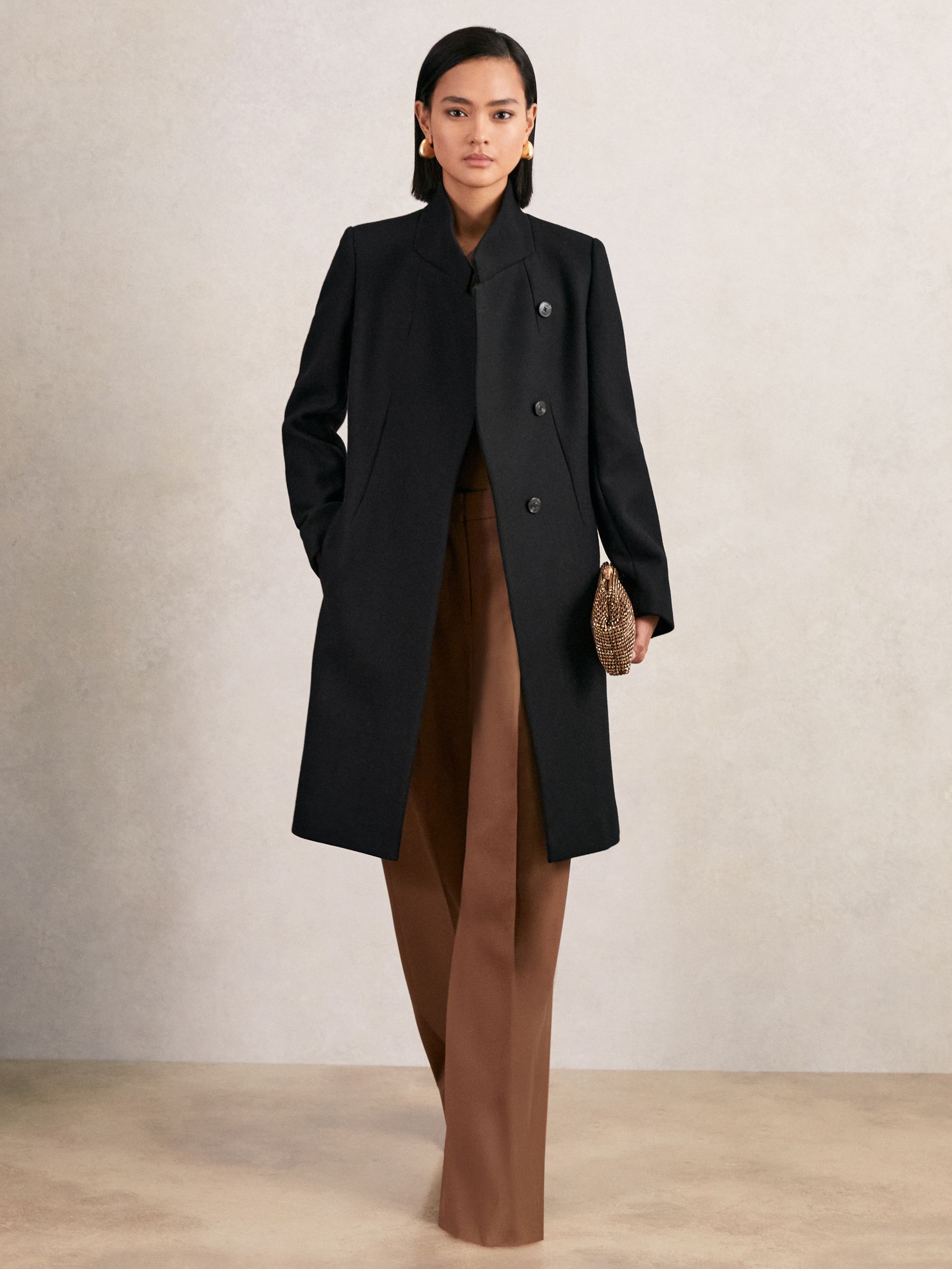 Wool-Blend Wrapover Mid-Length Coat in Black - Image 1 of 6