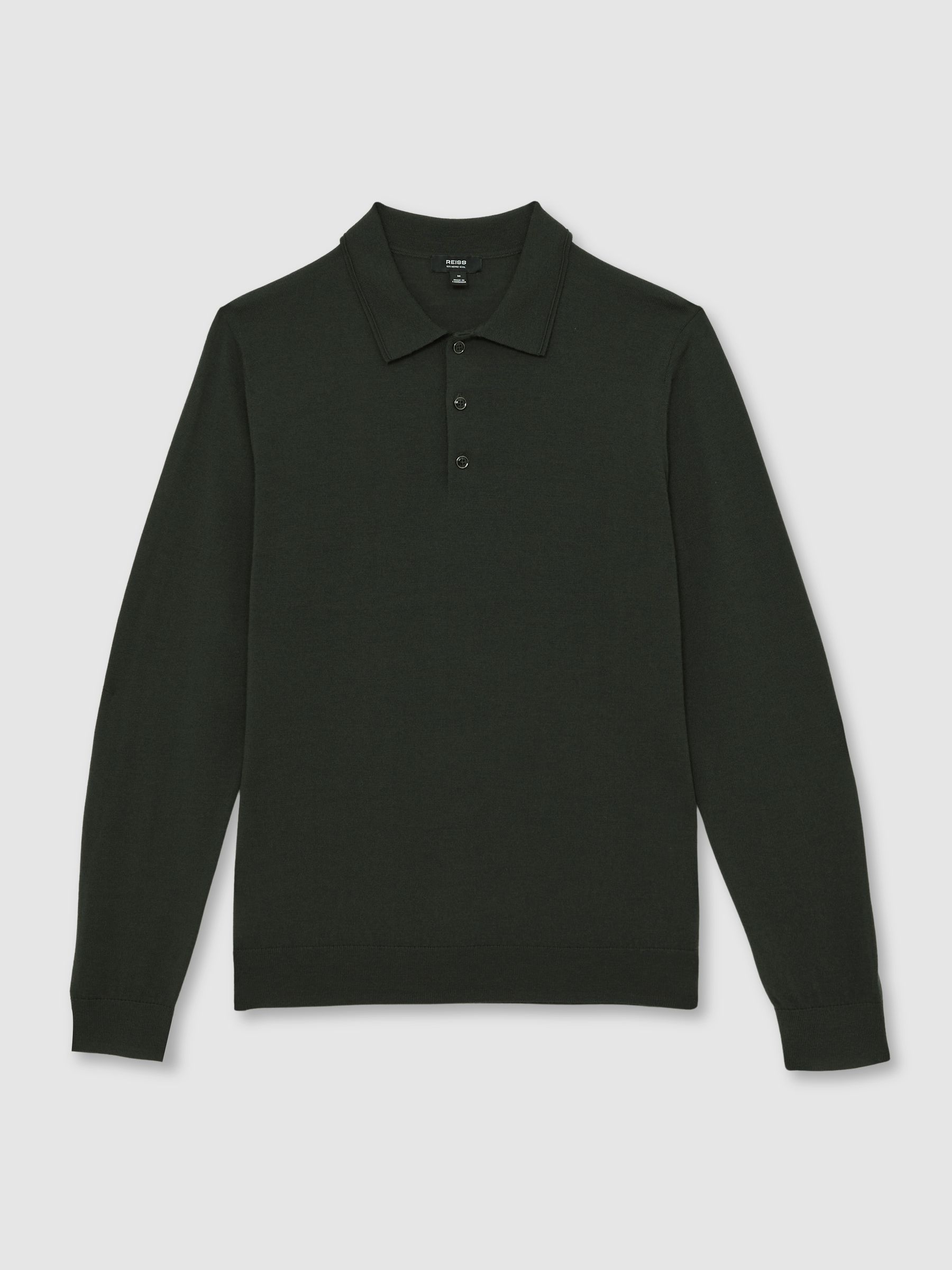 Merino Wool Long-Sleeve Polo Shirt in Dark Military Green - Image 2 of 6