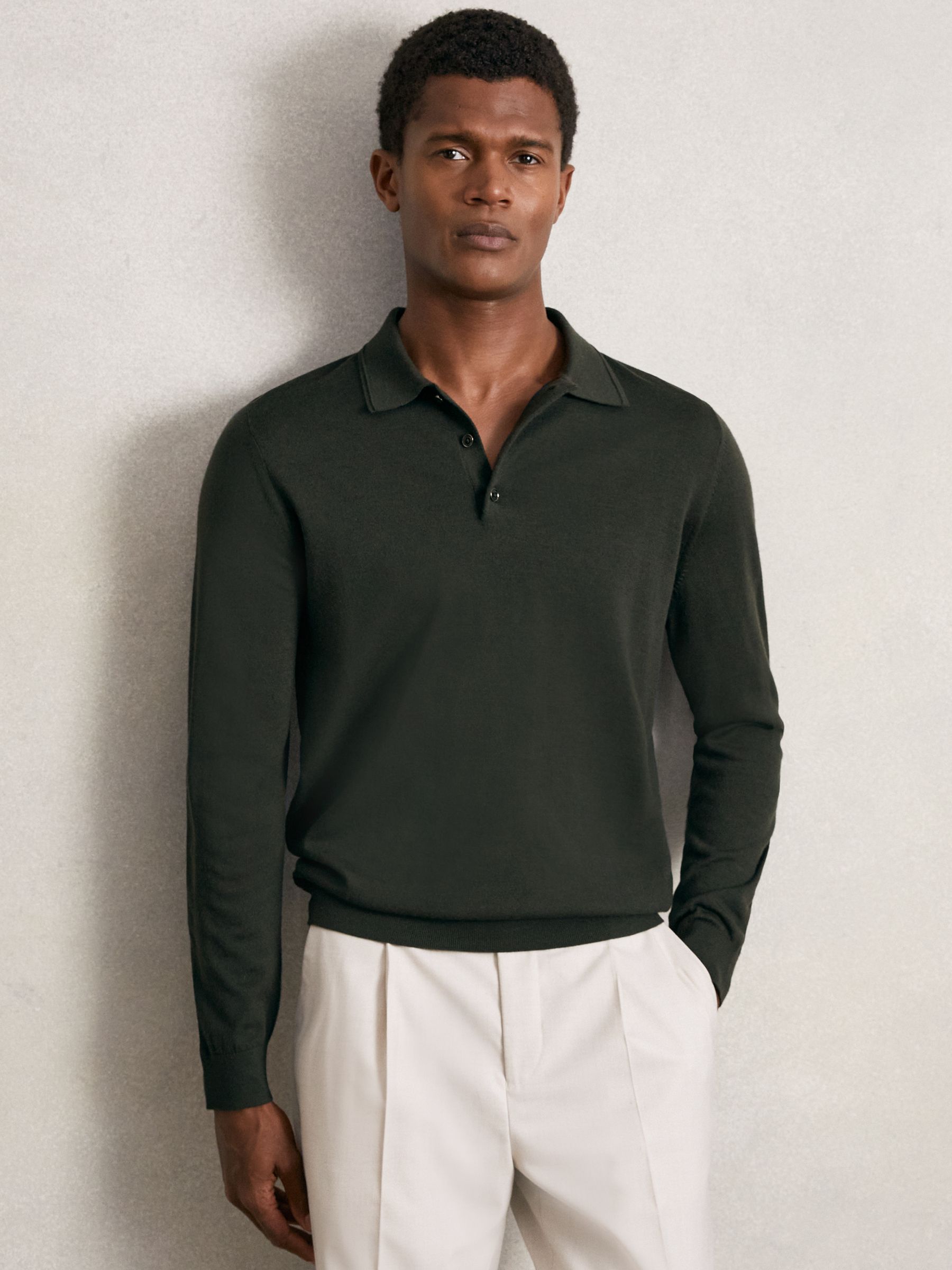 Merino Wool Long-Sleeve Polo Shirt in Dark Military Green - Image 3 of 6