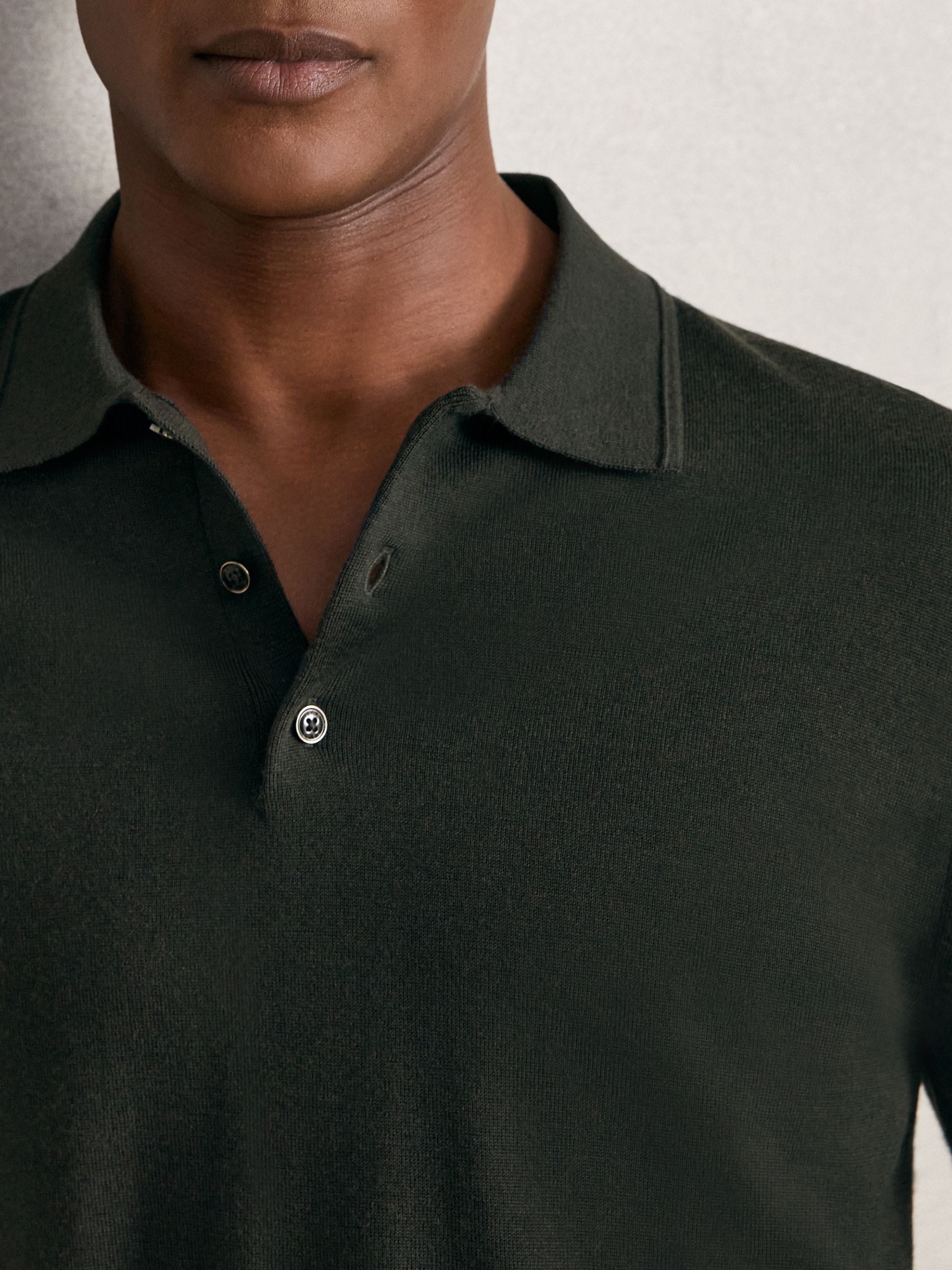 Merino Wool Long-Sleeve Polo Shirt in Dark Military Green - Image 4 of 6