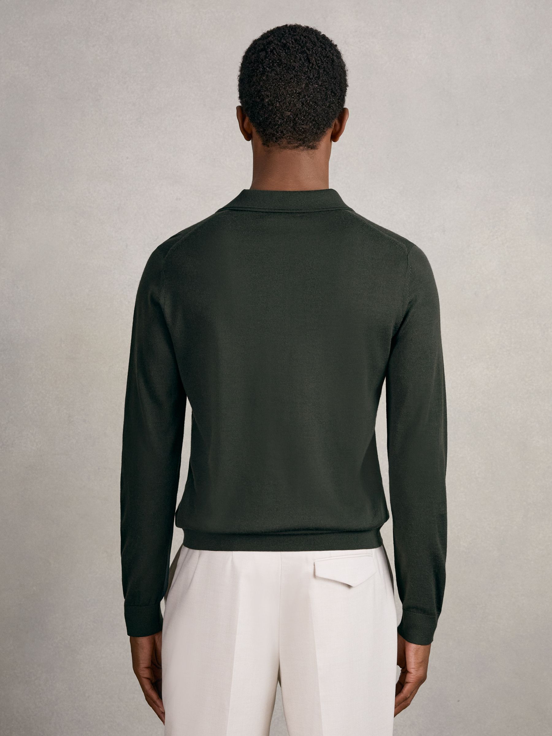 Merino Wool Long-Sleeve Polo Shirt in Dark Military Green - Image 5 of 6