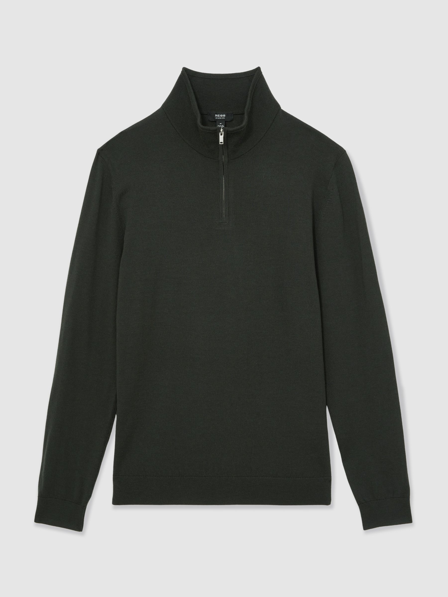 Merino Wool Half-Zip Funnel Neck Jumper in Dark Military Green - Image 2 of 6
