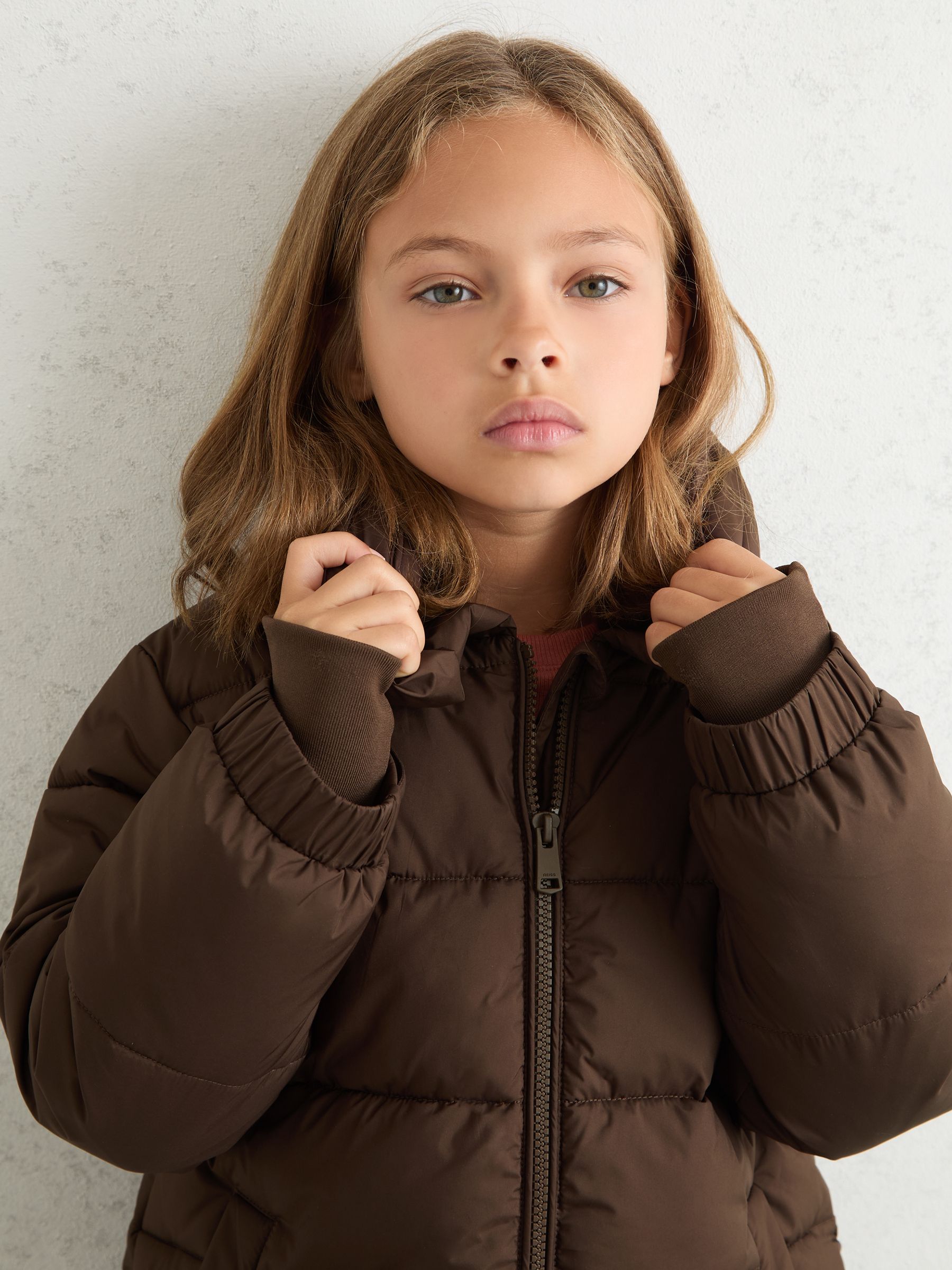 3-9 yrs Short Hooded Puffer Coat in Chocolate - Image 3 of 4