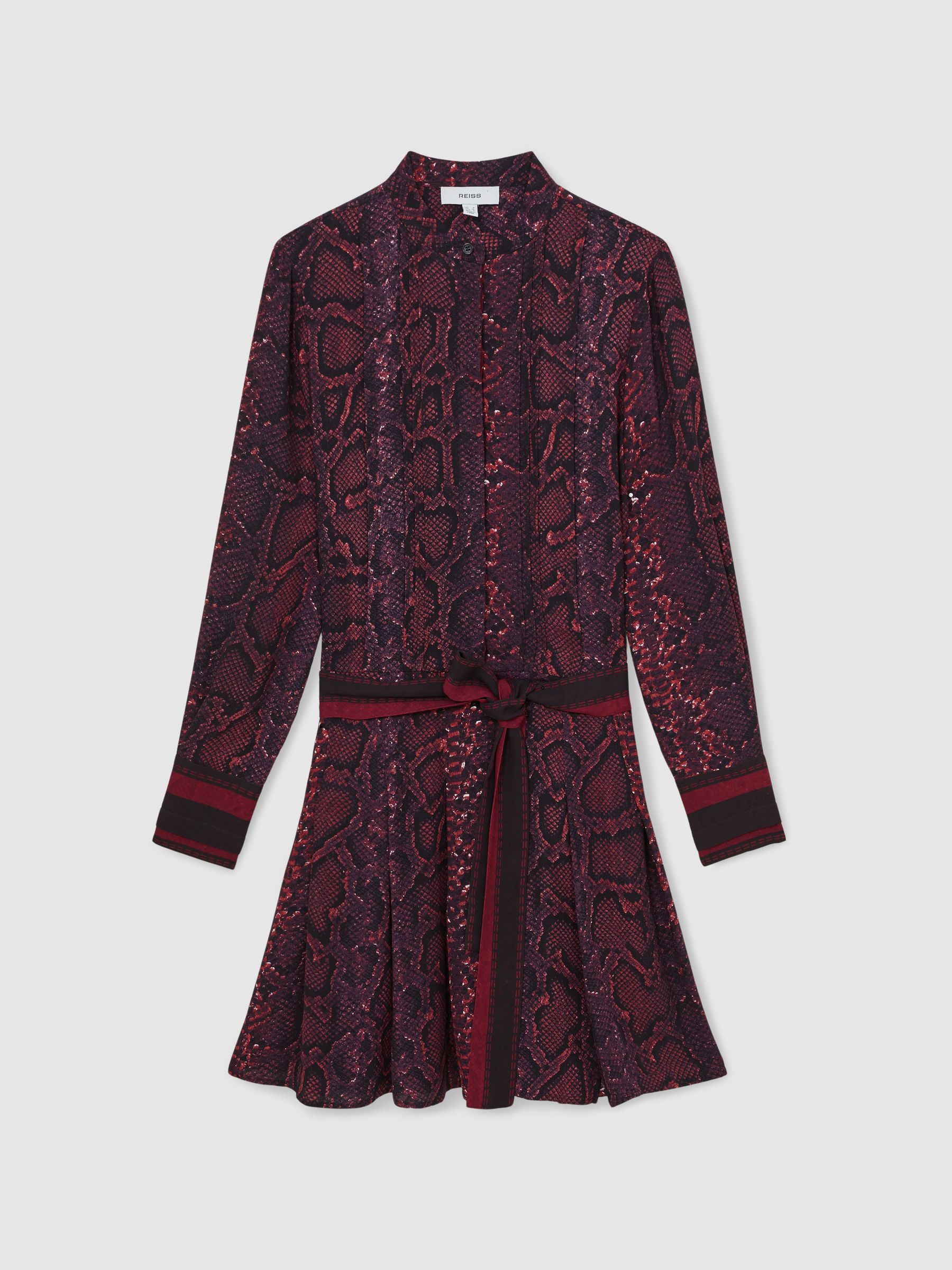 Snake-Print Belted Mini Dress in Burgundy/Black - Image 2 of 6