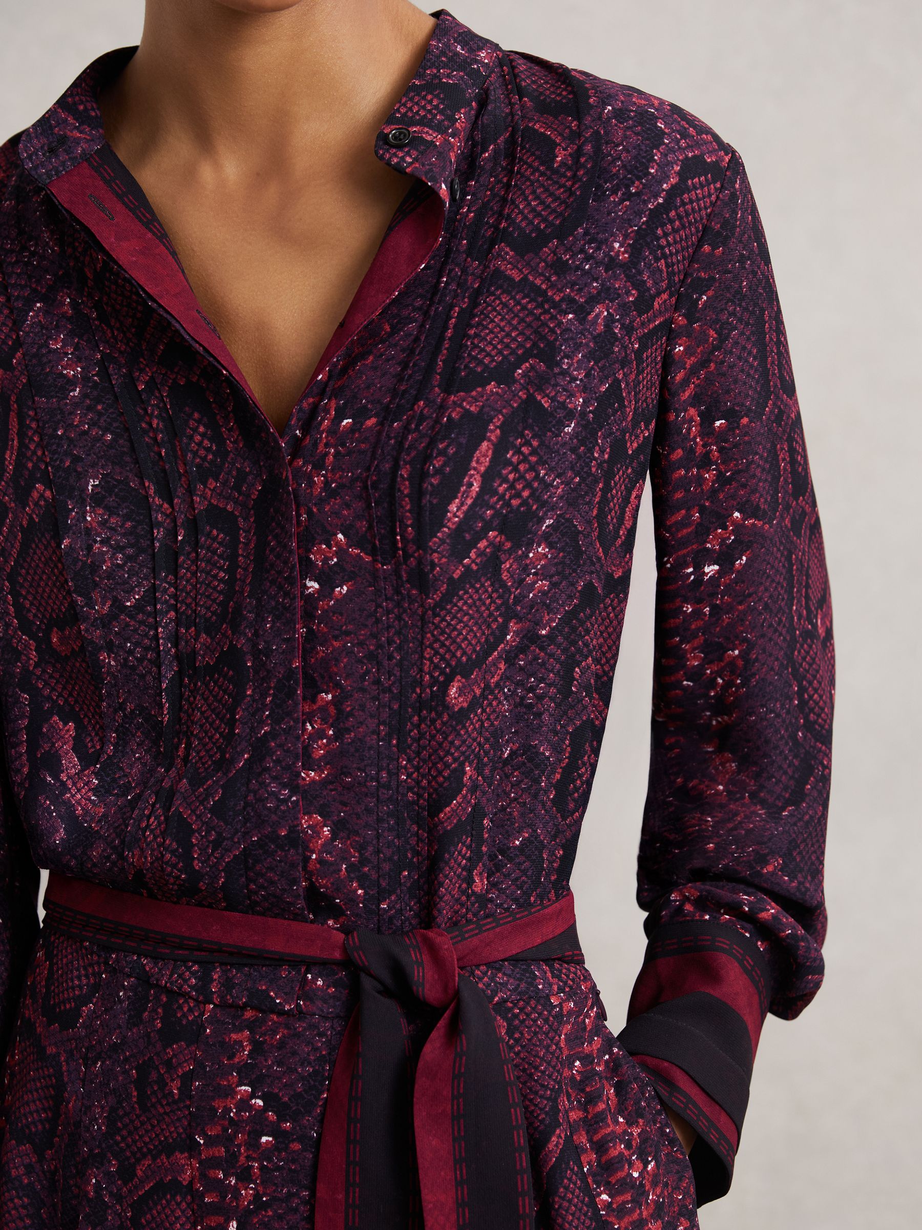Snake-Print Belted Mini Dress in Burgundy/Black - Image 3 of 6