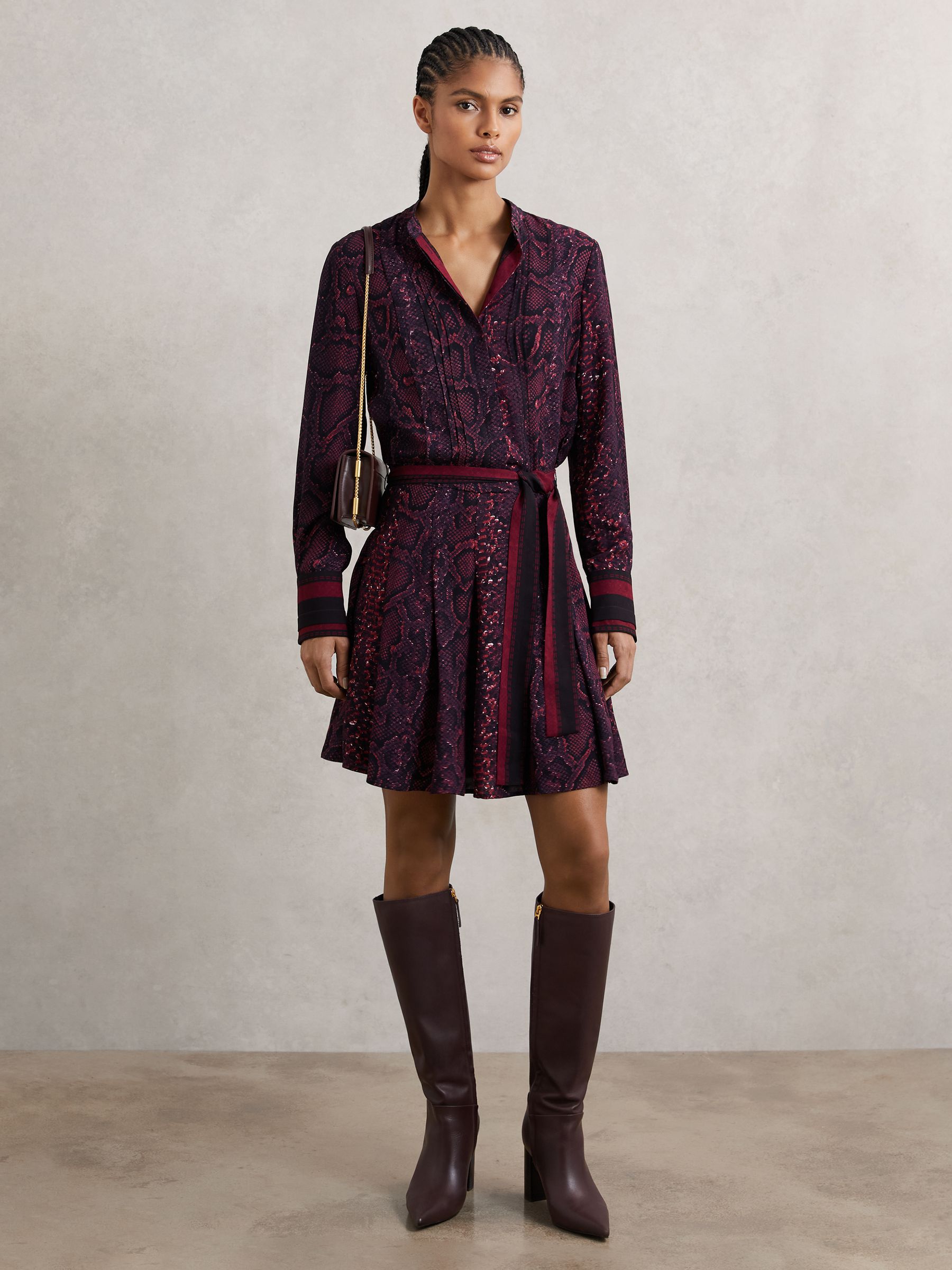 Snake-Print Belted Mini Dress in Burgundy/Black - image 5