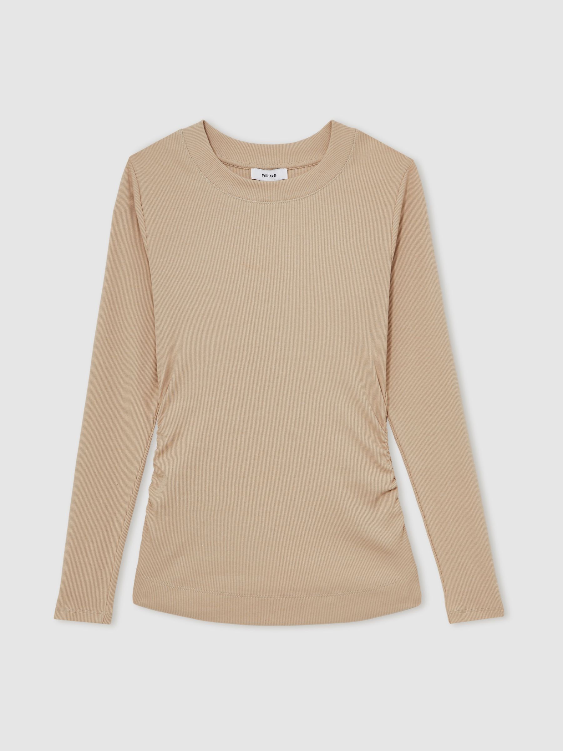 Cotton Long-Sleeve Ruched T-Shirt with Stretch in Camel - Image 2 of 5