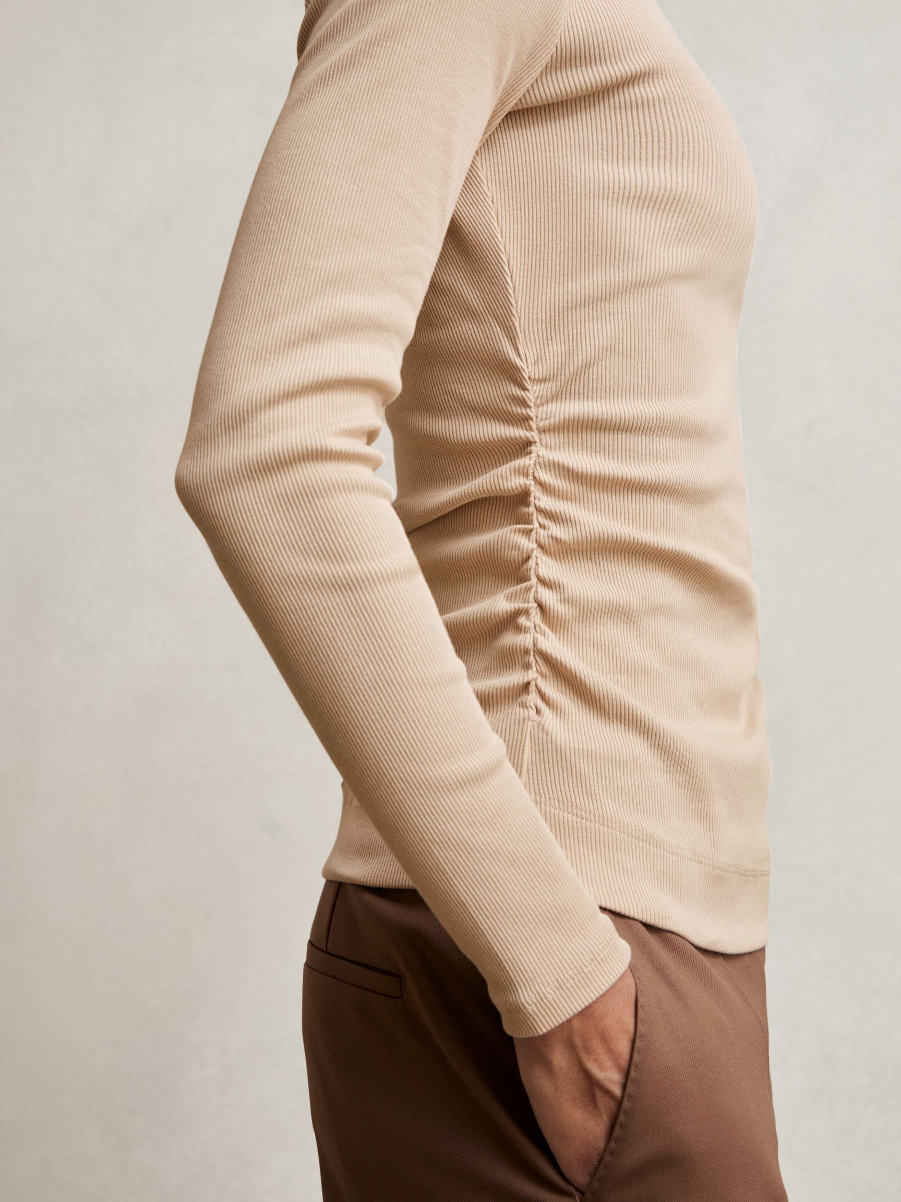 Cotton Long-Sleeve Ruched T-Shirt with Stretch in Camel - image 4