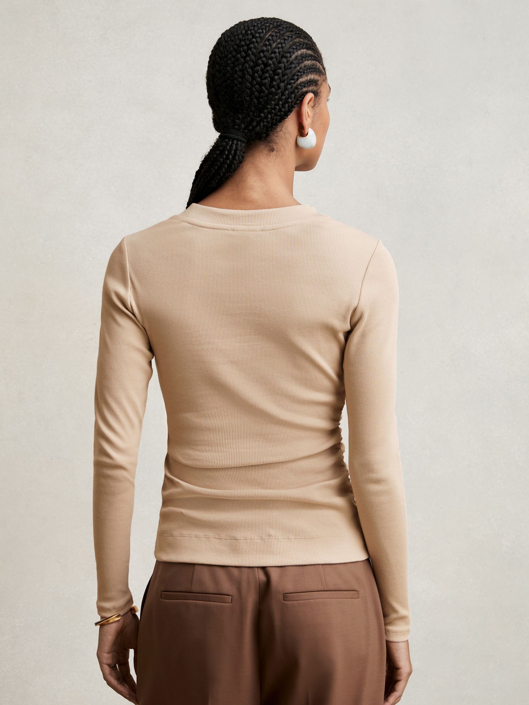 Cotton Long-Sleeve Ruched T-Shirt with Stretch in Camel - image 3