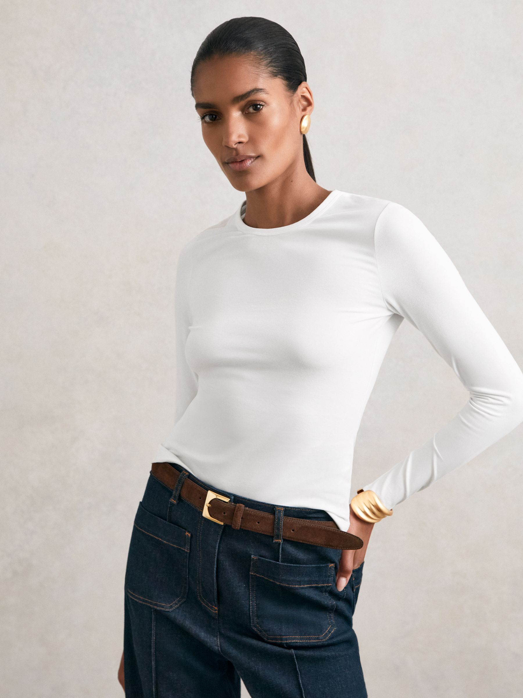 Cotton Crew-Neck Long-Sleeve T-Shirt With Stretch in White - Image 1 of 6