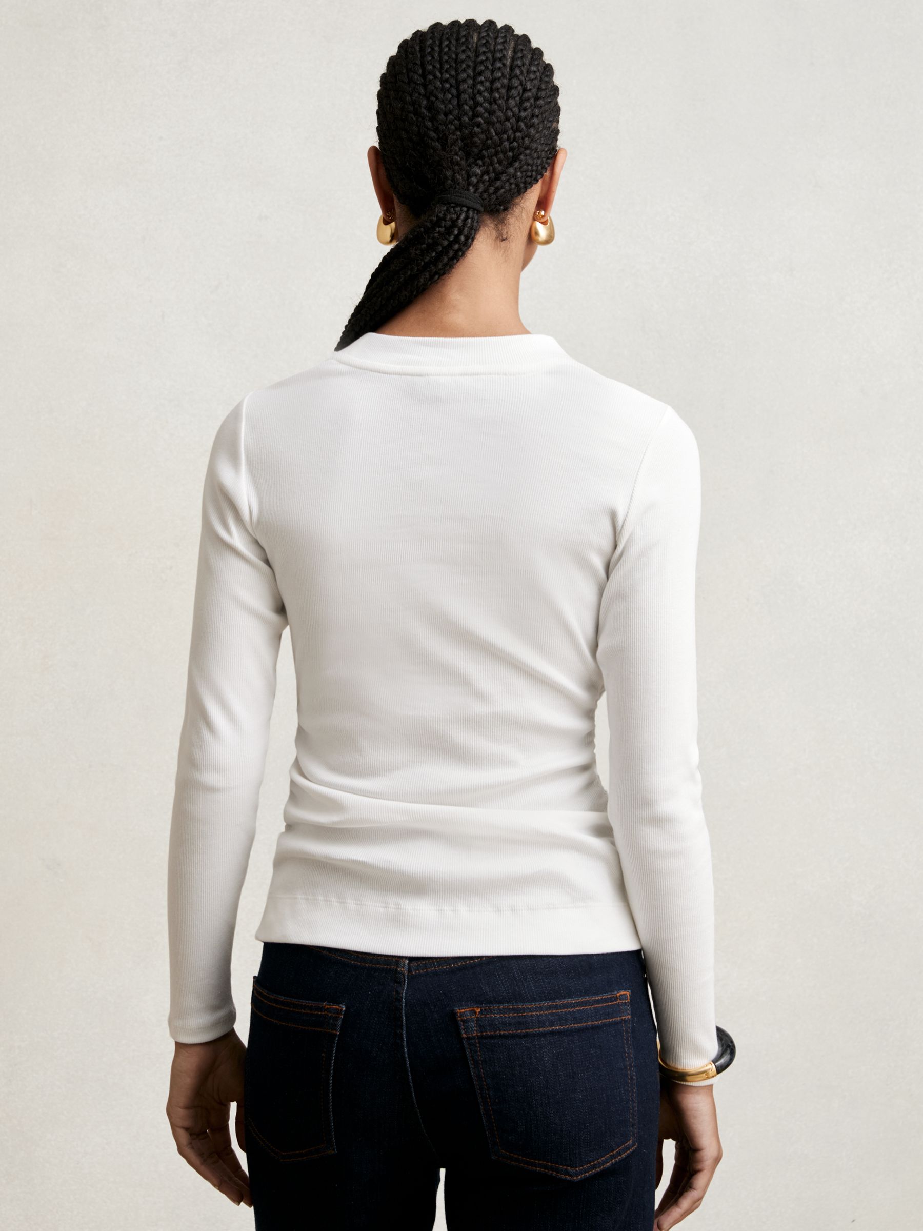 Cotton Long-Sleeve Ruched T-Shirt with Stretch in White - image 4