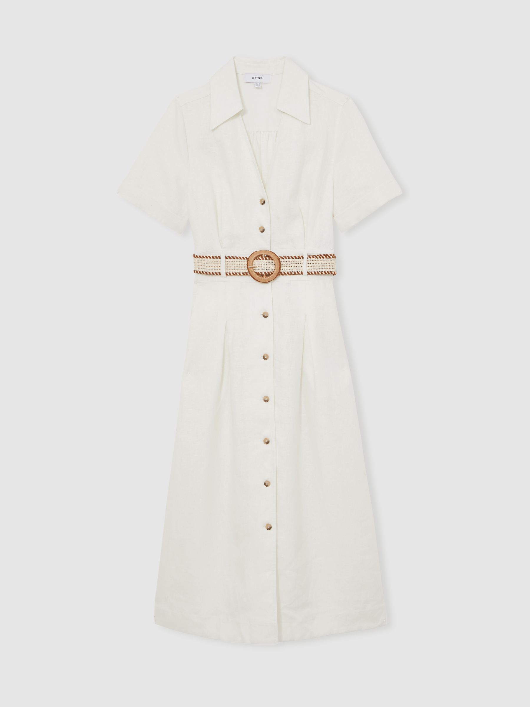 Linen Belted Midi Shirt Dress in Ivory - Image 2 of 8
