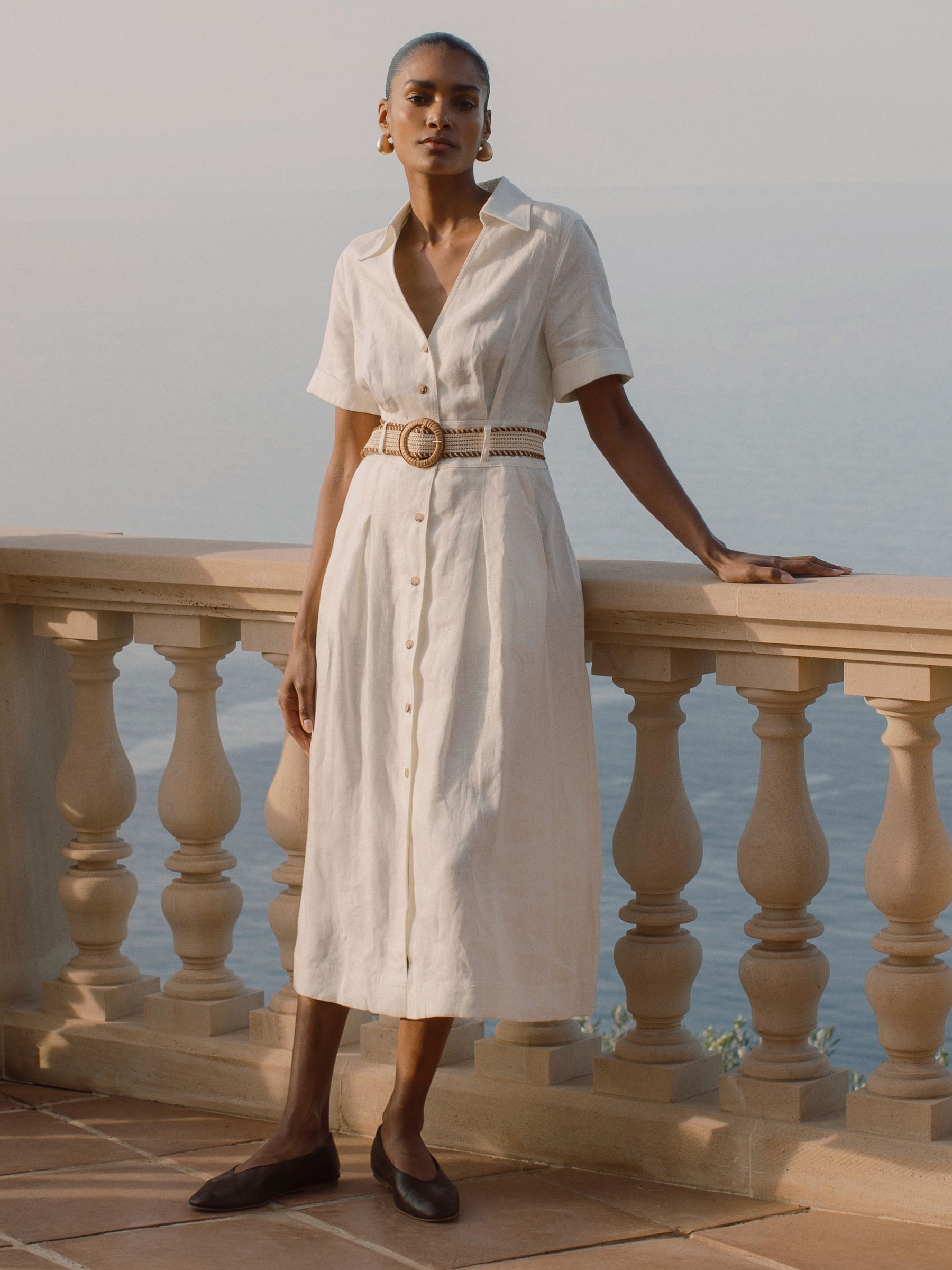 Linen Belted Midi Shirt Dress in Ivory - Image 3 of 8