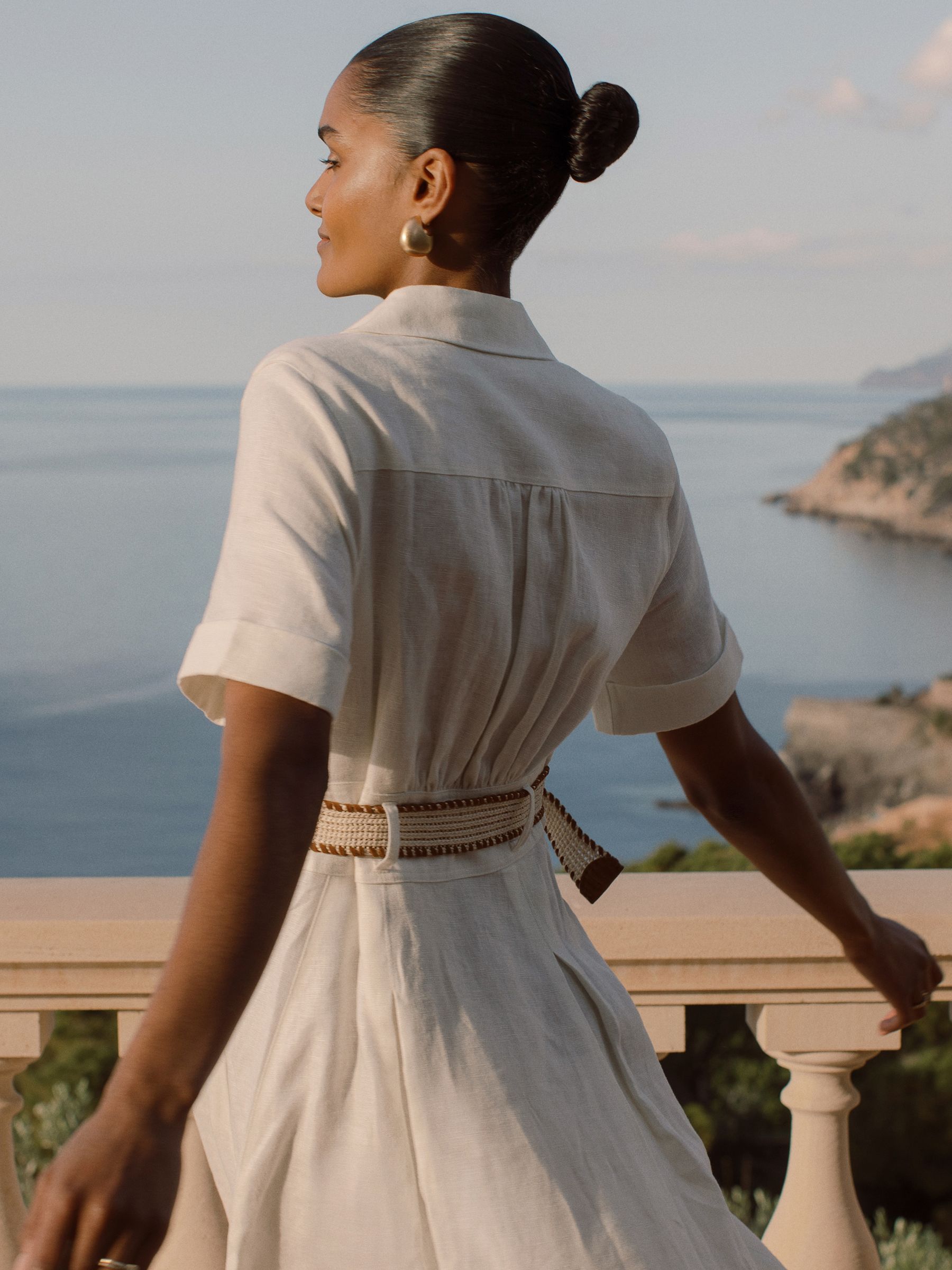 Linen Belted Midi Shirt Dress in Ivory - Image 4 of 8