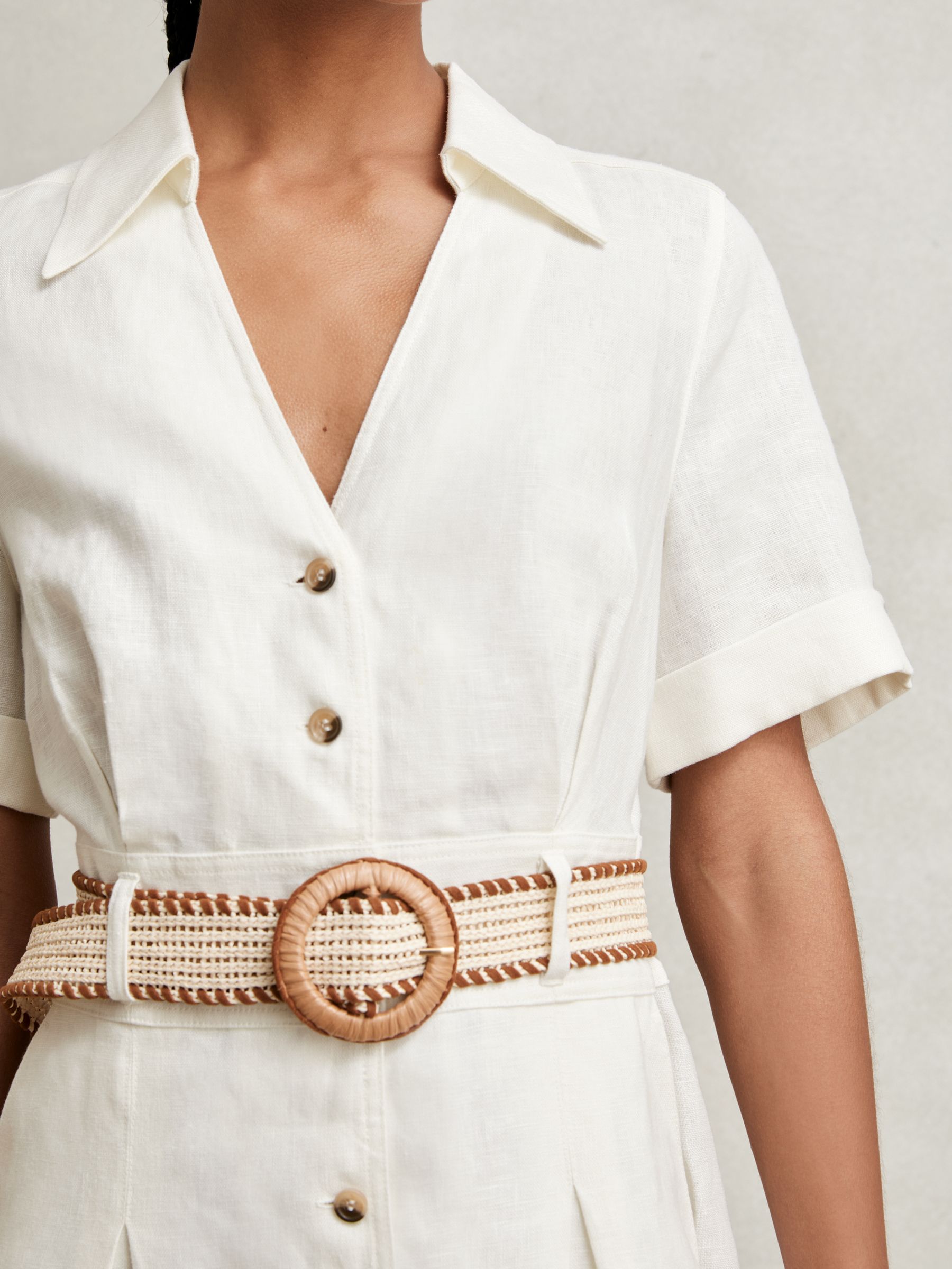 Reiss Linen Belted Midi Shirt Dress in Ivory | REISS