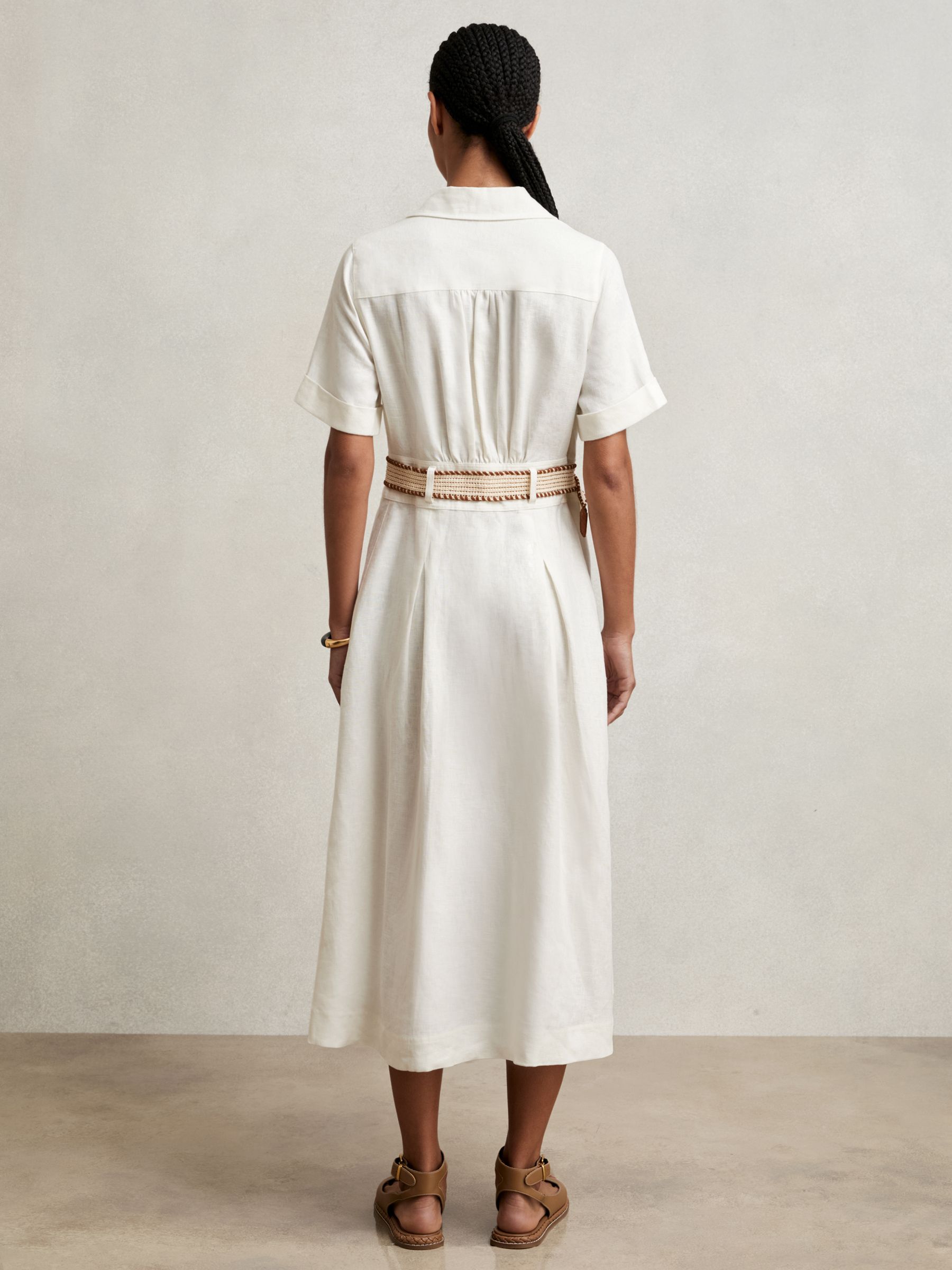 Linen Belted Midi Shirt Dress in Ivory - Image 7 of 8