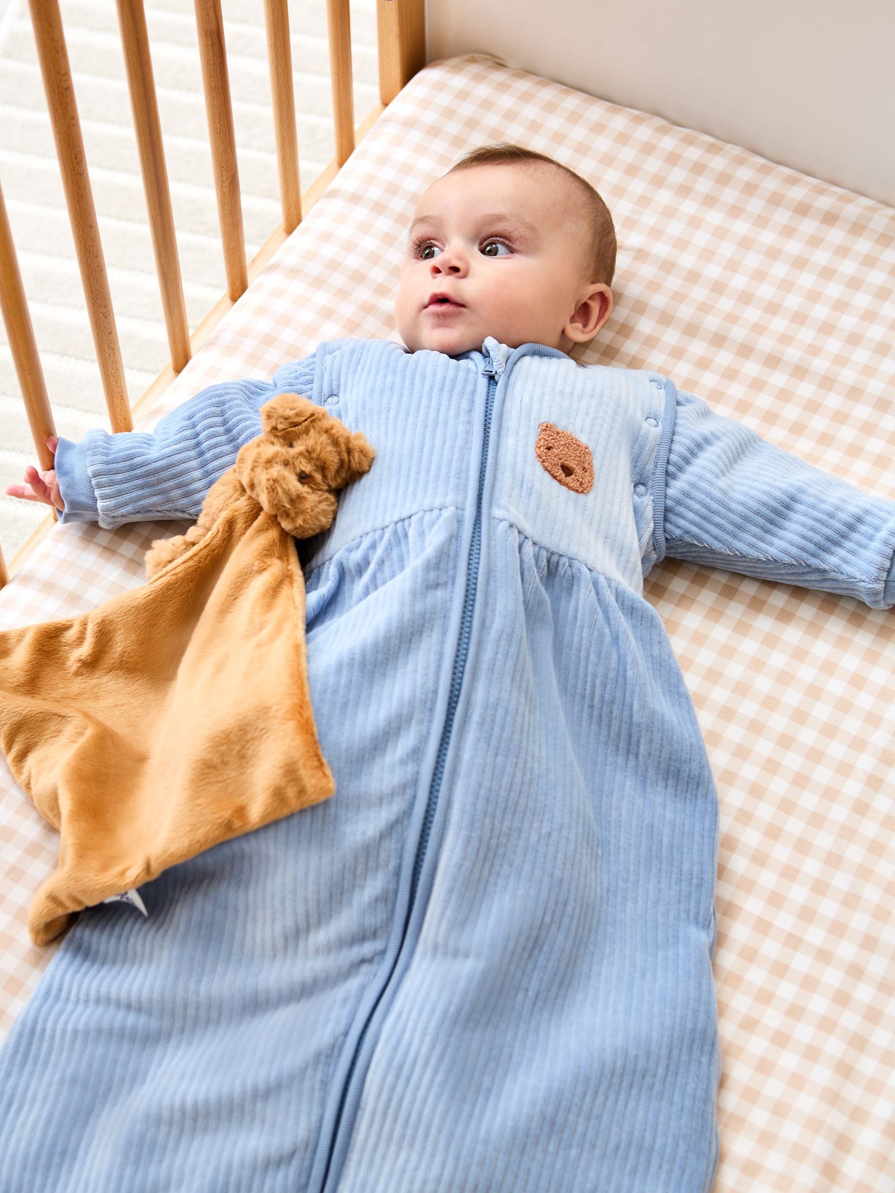 Blue Bear Ribbed Velour 3.5 Tog Baby Sleeping Bag - Image 1 of 6 Blue Bear Ribbed Velour 3.5 Tog Baby Sleeping Bag - Image 1 of 6