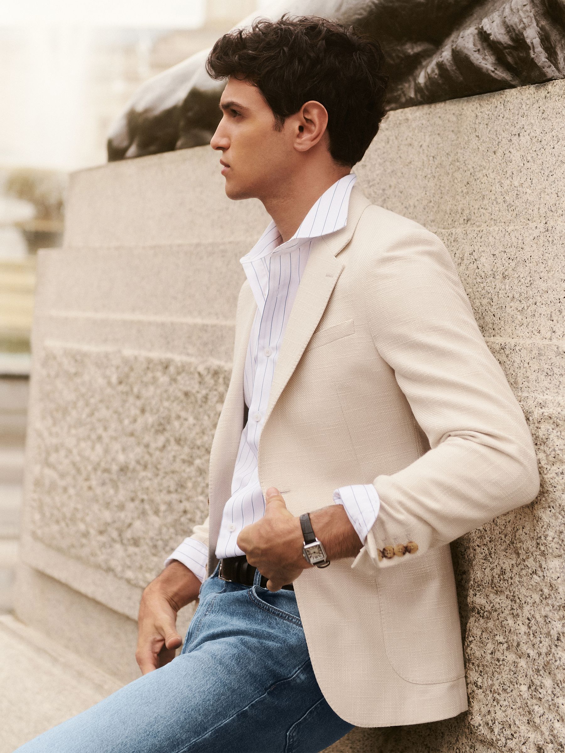 Slim Fit Single Breasted Textured Blazer with Cotton in Stone - Image 1 of 10