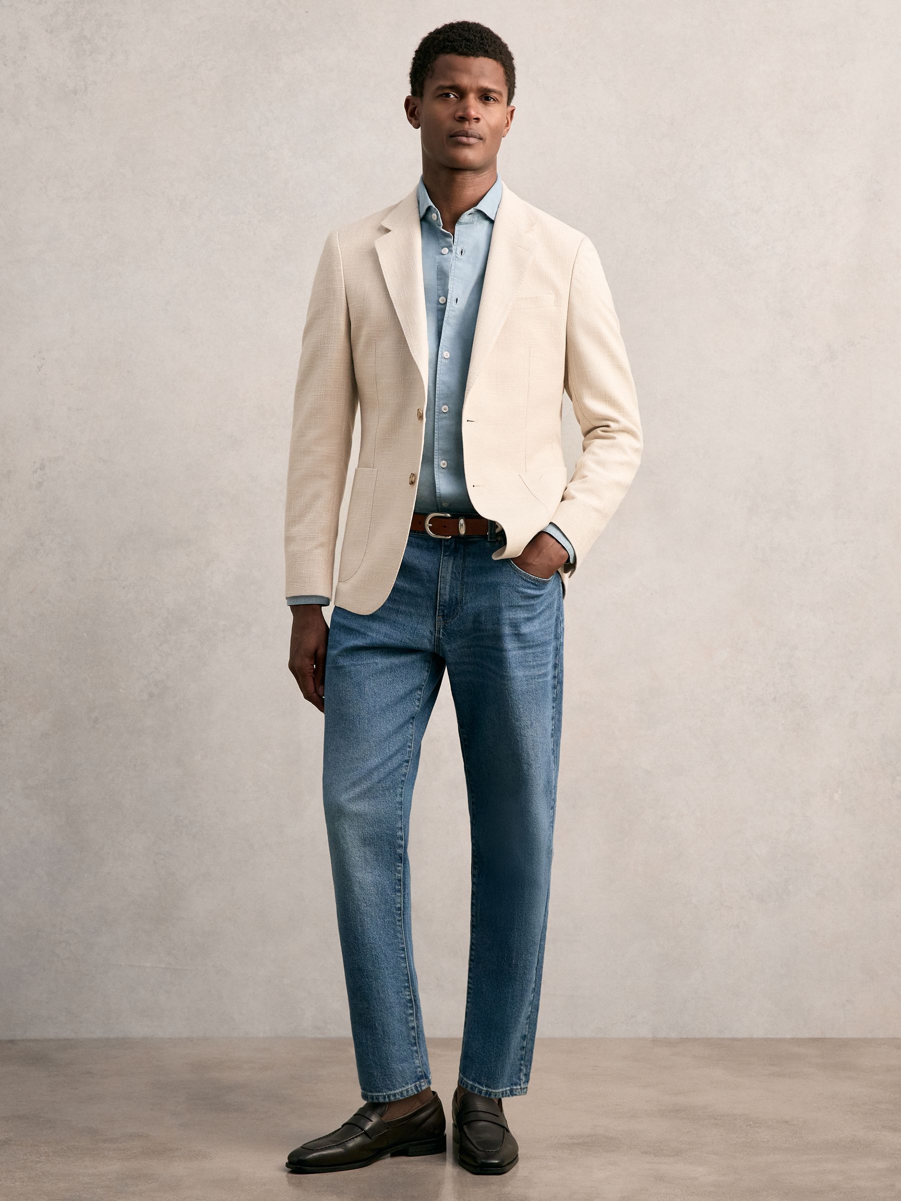 Slim Fit Single Breasted Textured Blazer with Cotton in Stone - Image 4 of 10