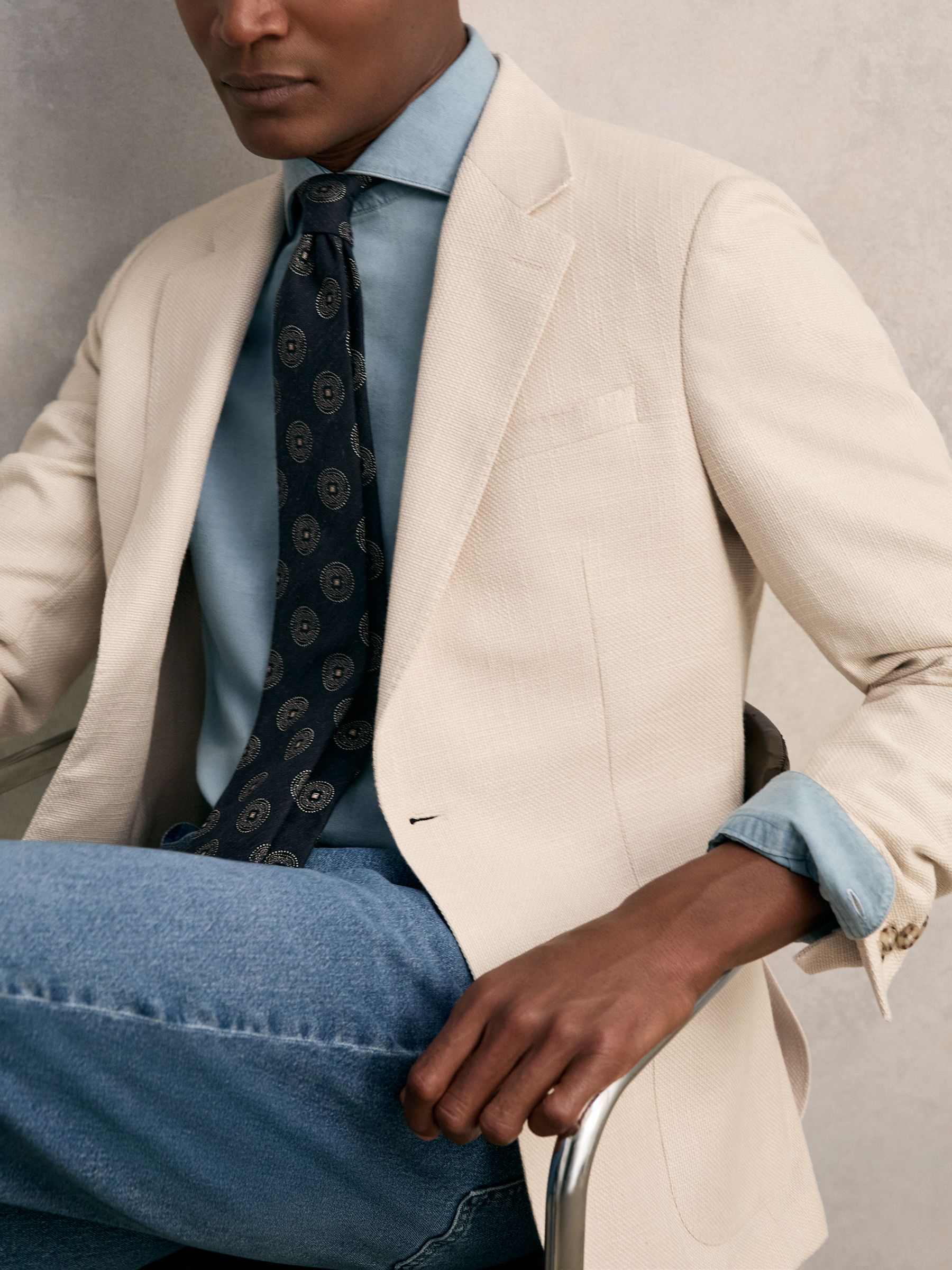 Slim Fit Single Breasted Textured Blazer with Cotton in Stone - Image 5 of 10