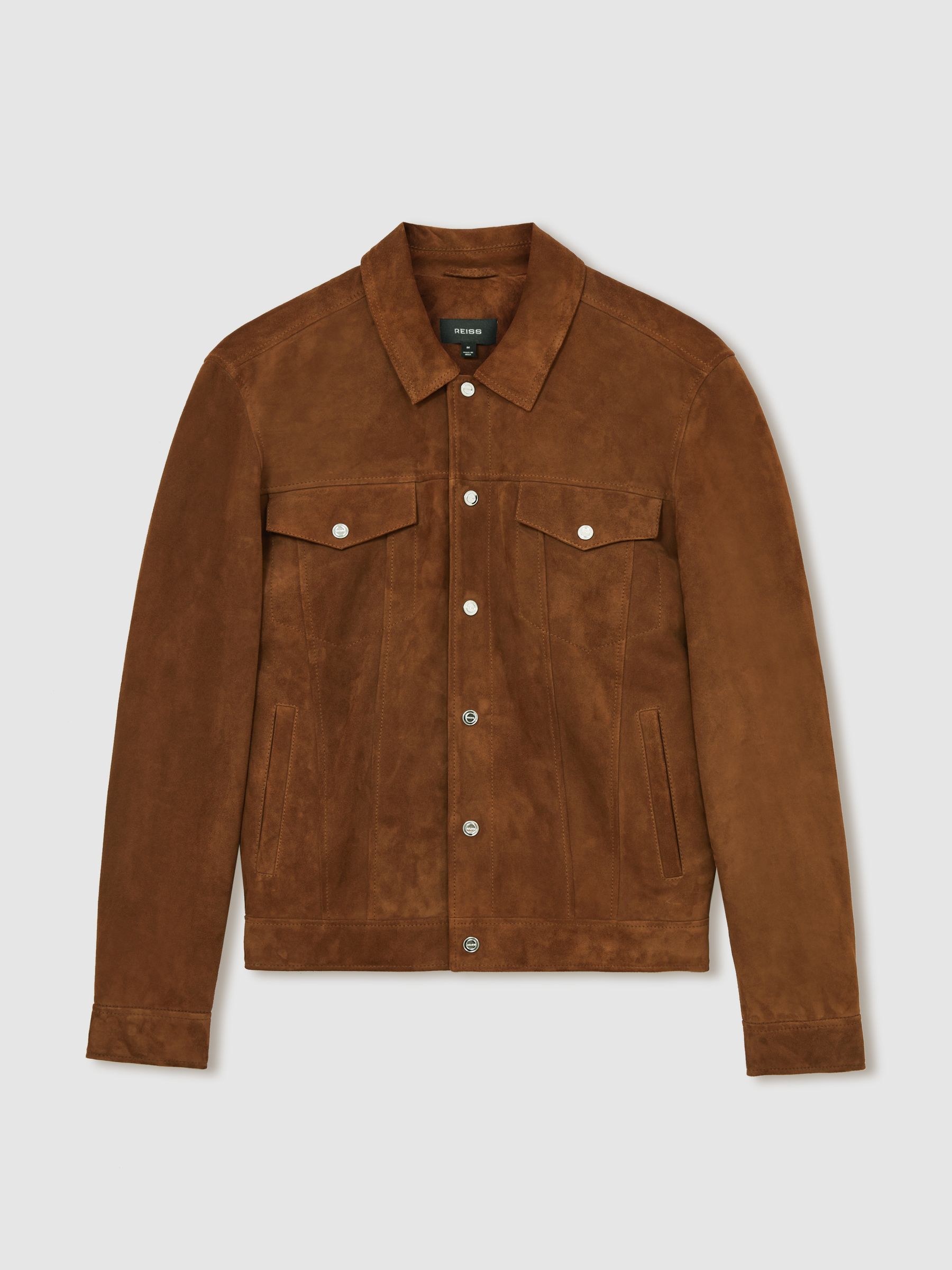 Reiss Suede Press Stud Trucker Jacket in Tobacco Brown - REISS