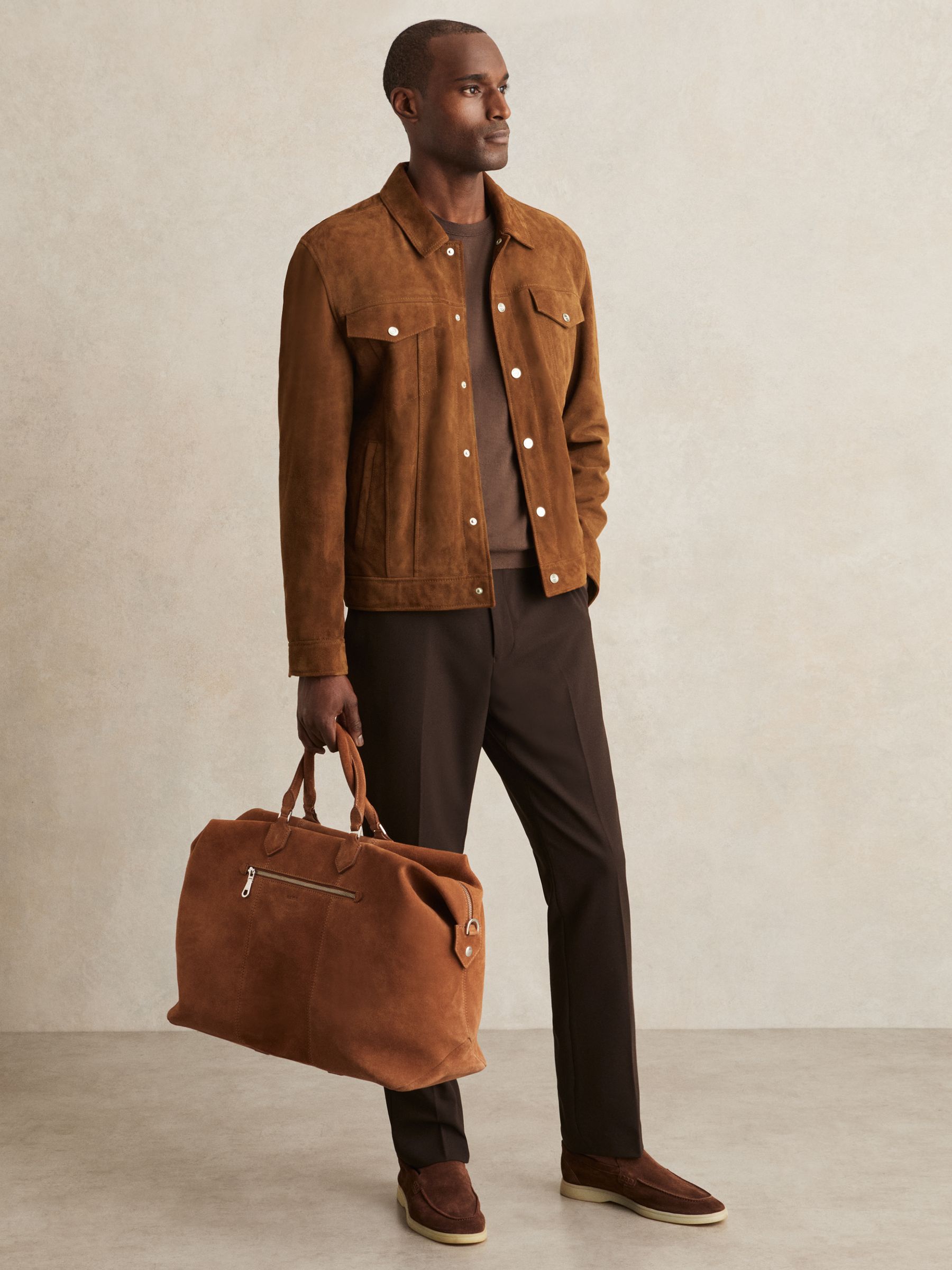 Suede Press Stud Trucker Jacket in Tobacco Brown - image 3
