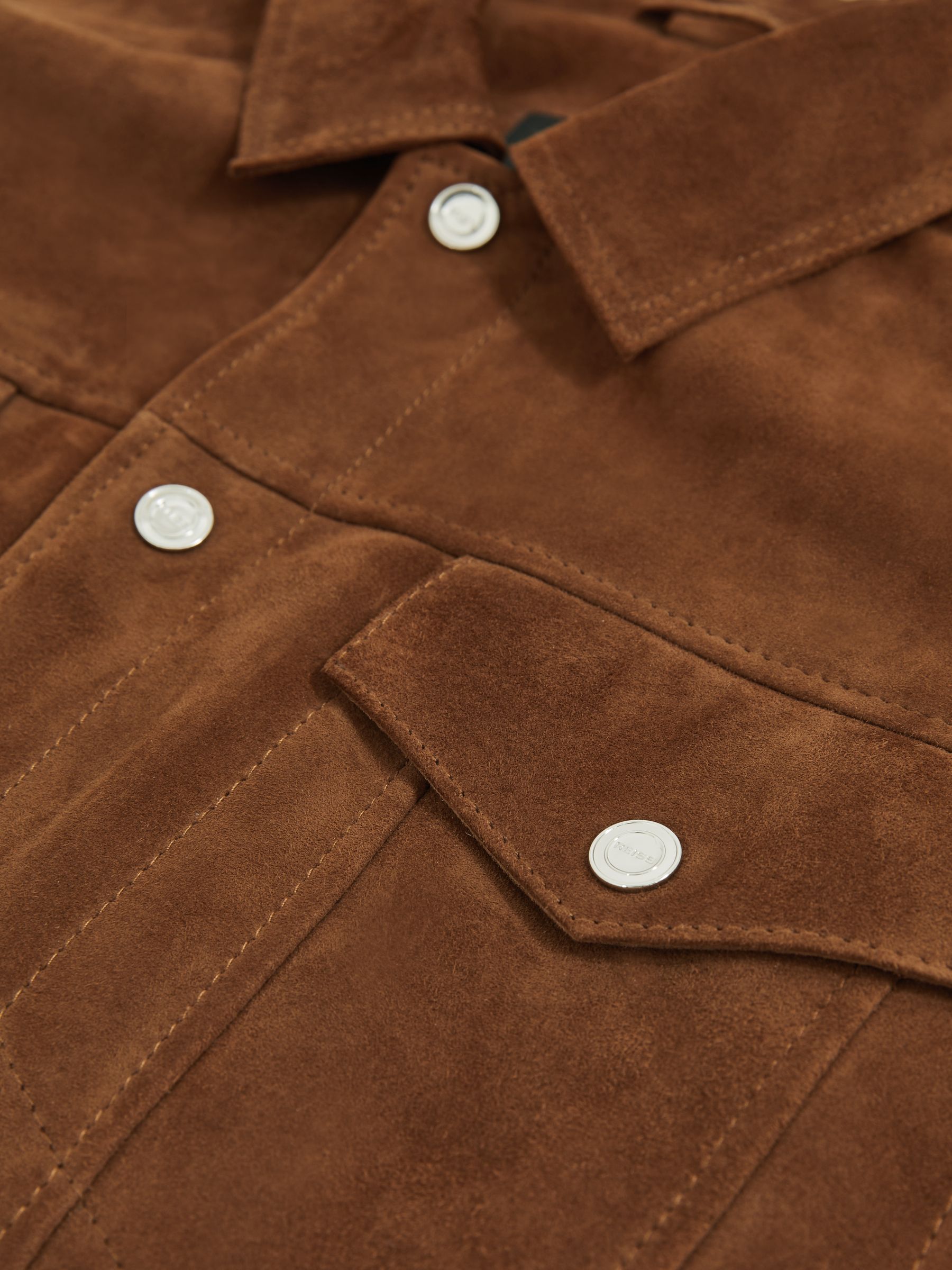 Reiss Suede Press Stud Trucker Jacket in Tobacco Brown | REISS