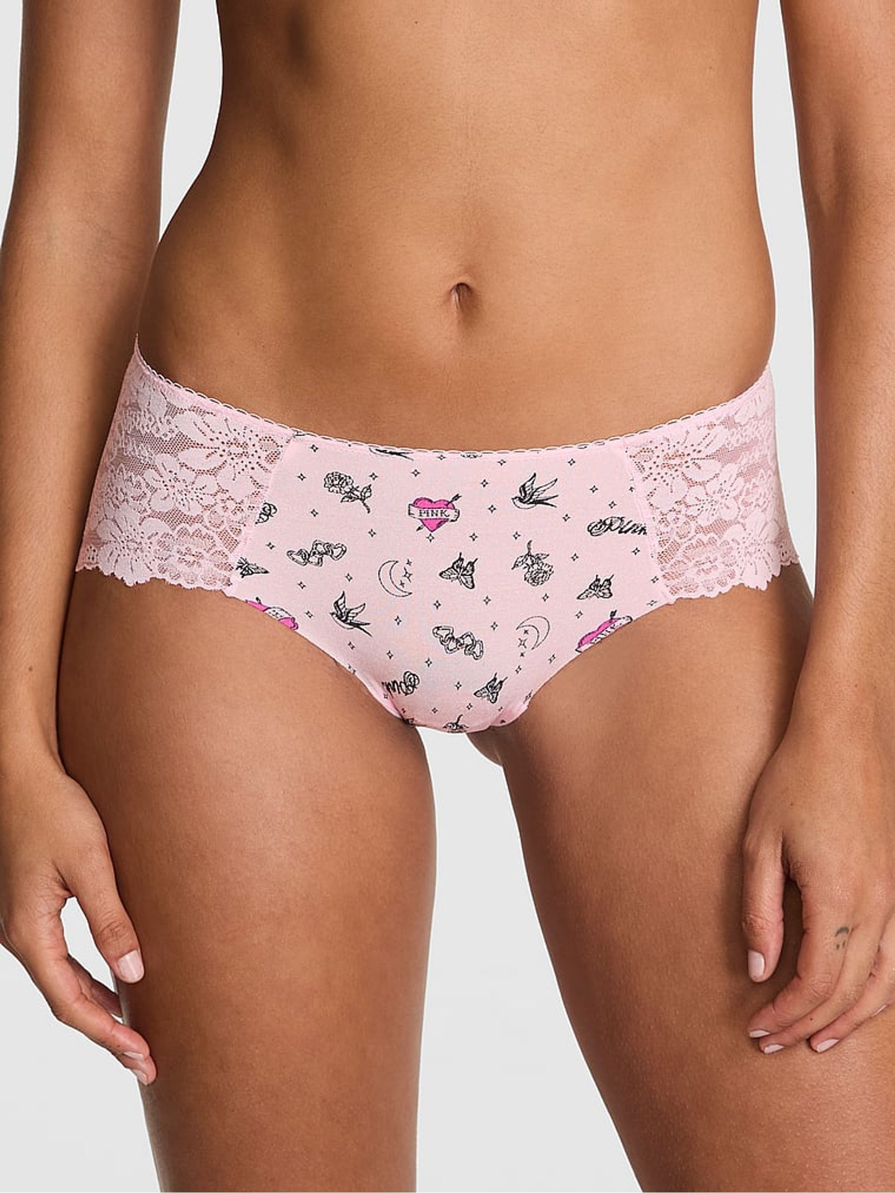 Pink Tattoo Print Hipster No Show Lace Trim Cheeky Knickers - Image 1 of 2 Pink Tattoo Print Hipster No Show Lace Trim Cheeky Knickers - Image 1 of 2