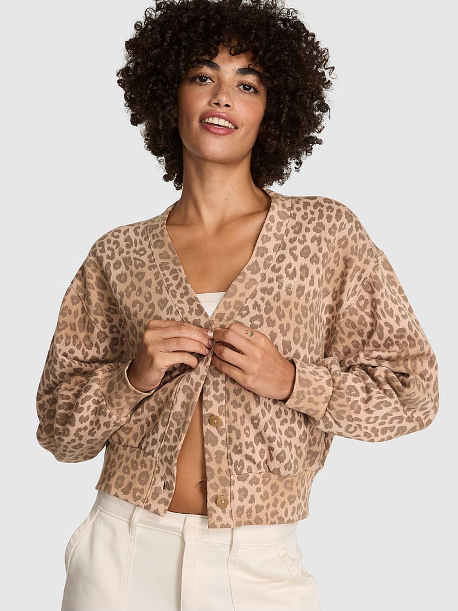Brown Leopard Cropped Fleece Cardigan - Image 1 of 2