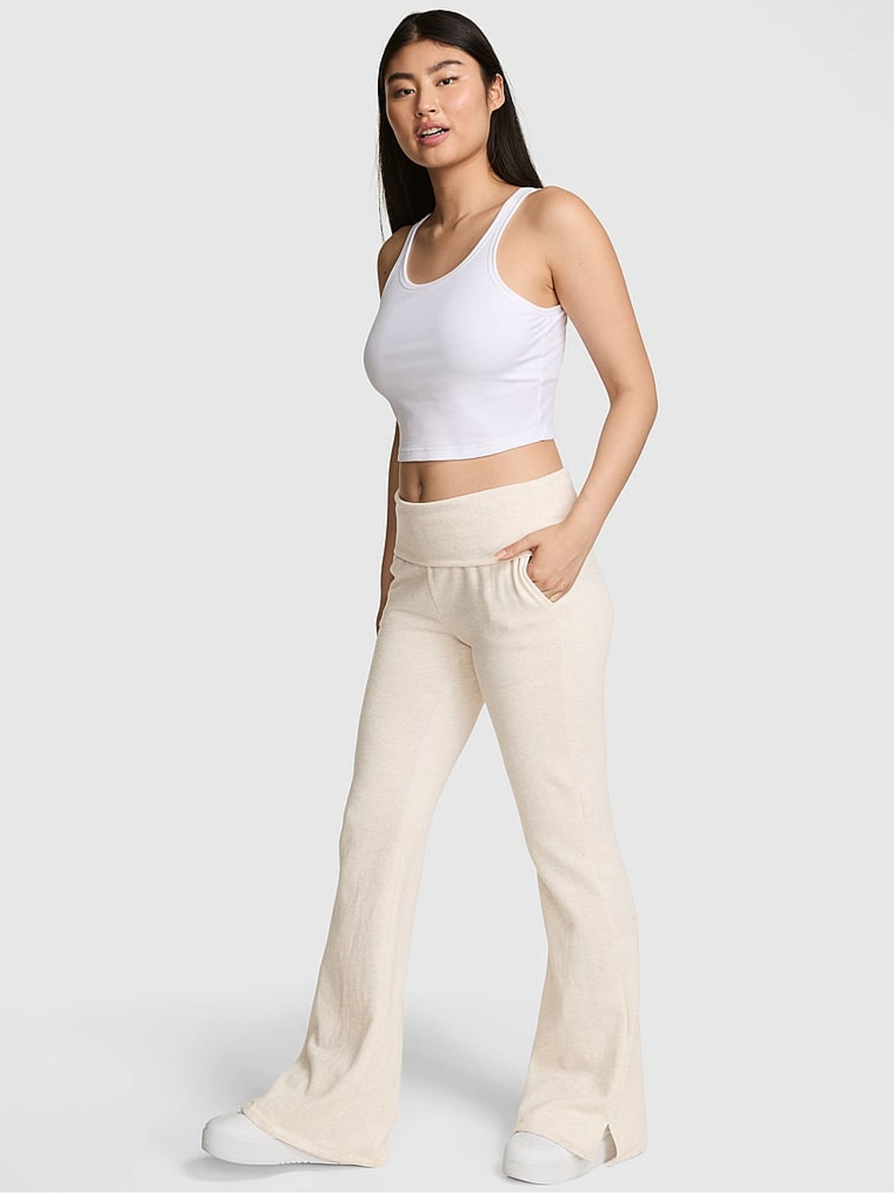 Natural Heather White Flared Fleece Fold Over Joggers - Image 1 of 3