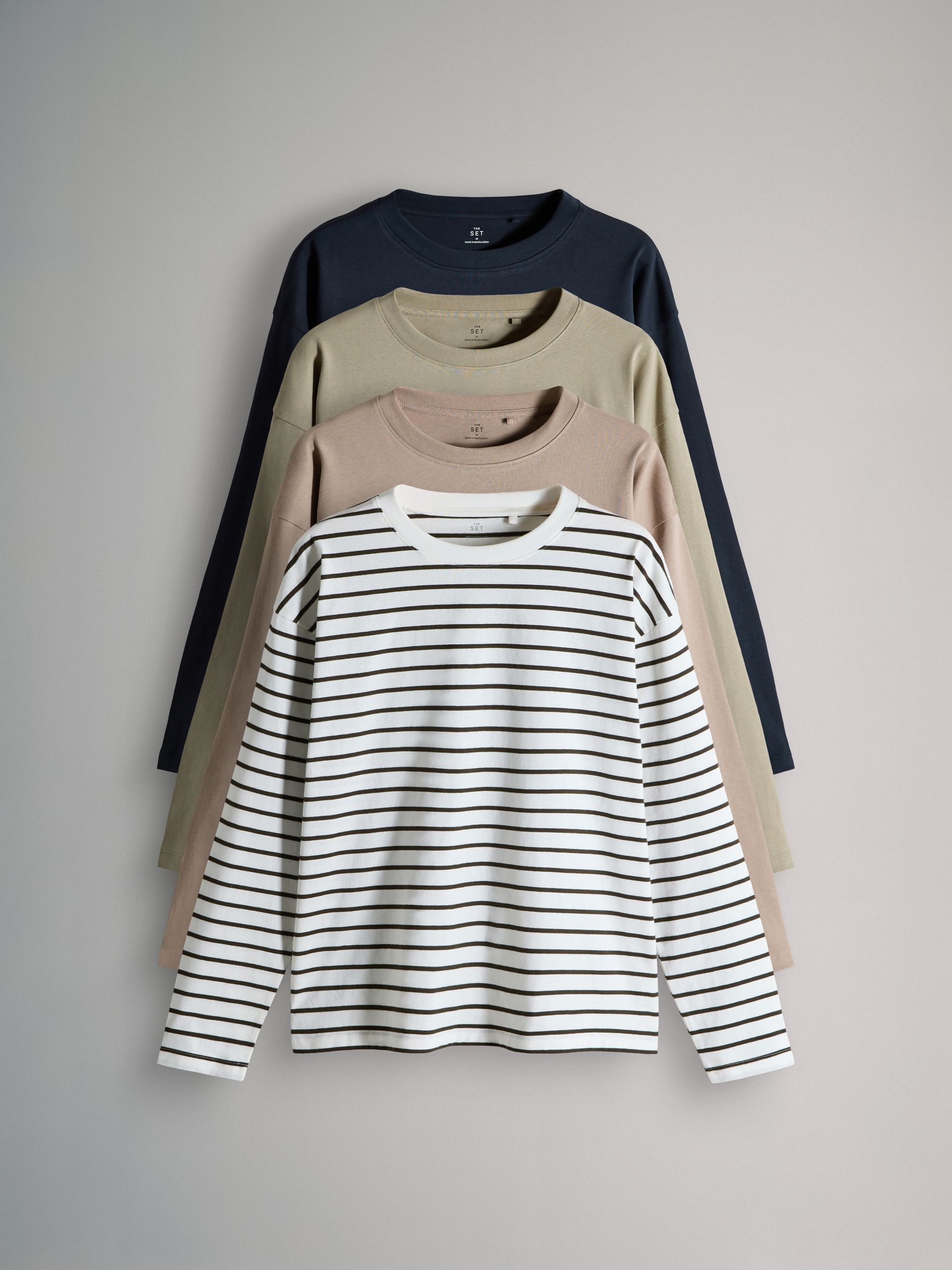 Navy/Stripe/Neutral/Khaki - 4 Pack Heavyweight Relaxed Long Sleeve T-Shirts - Image 1 of 6