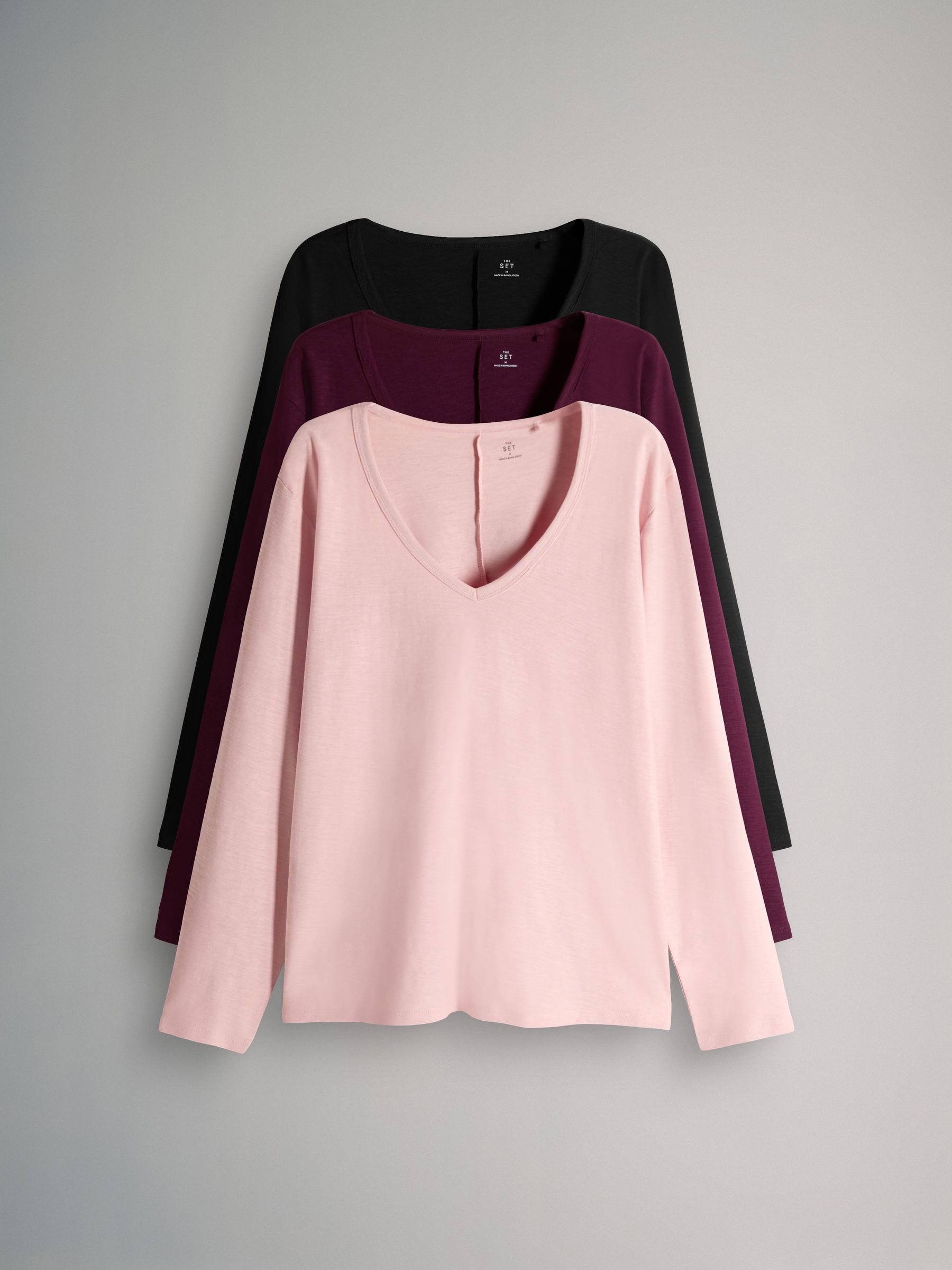 Black/Berry/Pink - 3 Pack 100% Cotton Slub Deep V-Neck Long Sleeve Tops - Image 1 of 6