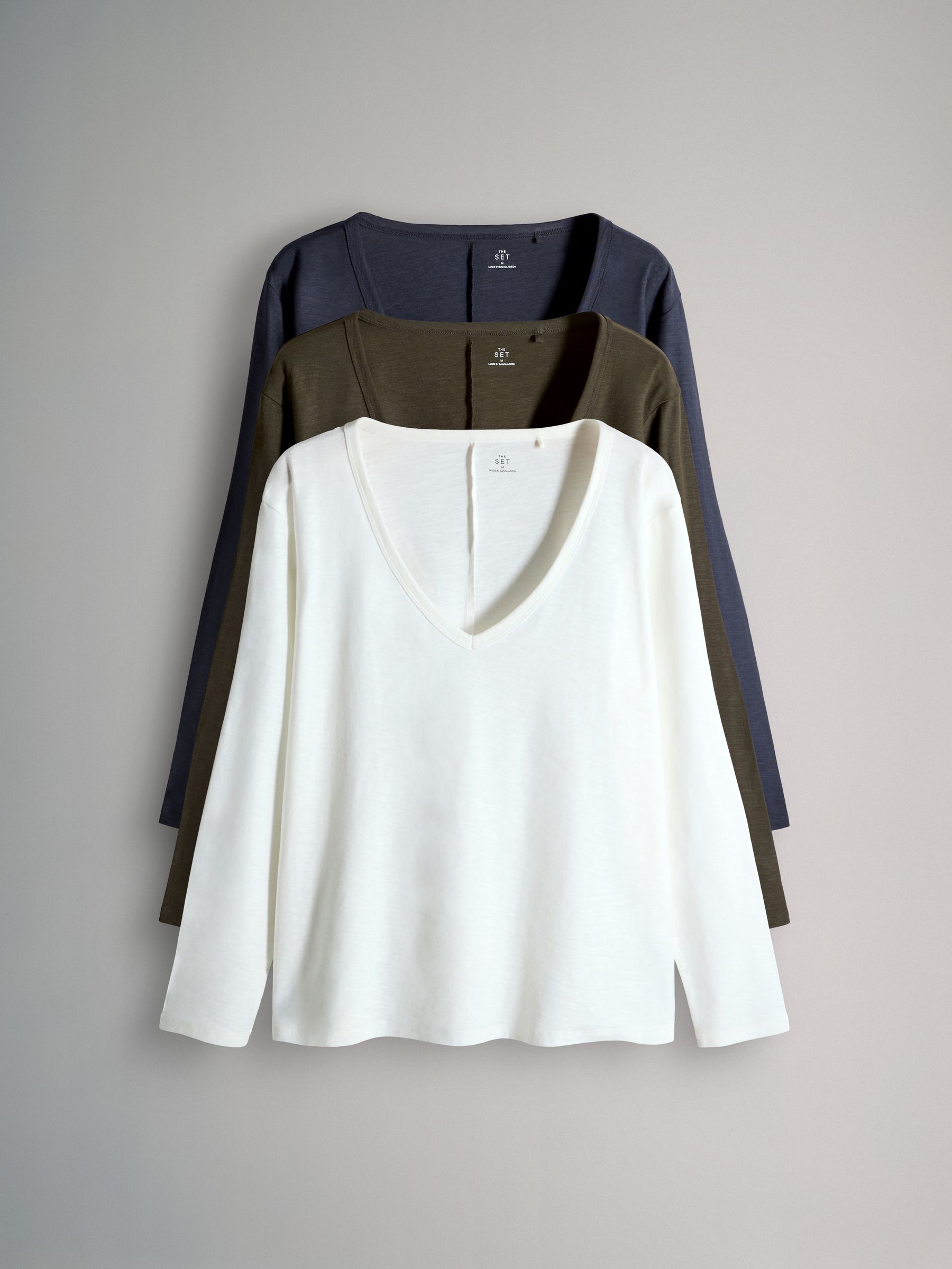 Navy/Khaki/Cream - 3 Pack 100% Cotton Slub Deep V-Neck Long Sleeve Tops - Image 1 of 5