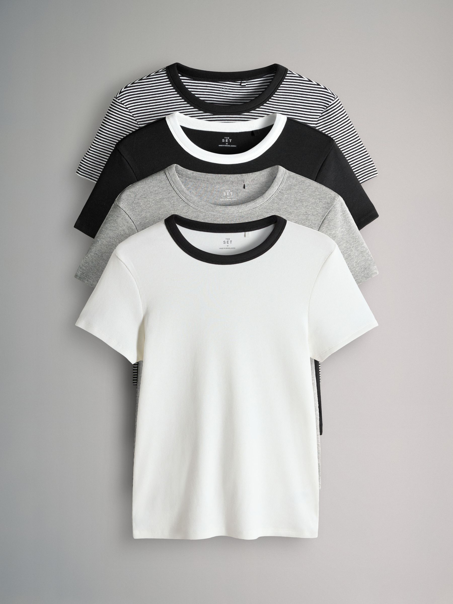 Black/White/Stripe/Grey - 4 Pack Ribbed Short Sleeve T-Shirts - Image 2 of 12 Black/White/Stripe/Grey - 4 Pack Ribbed Short Sleeve T-Shirts - Image 2 of 12