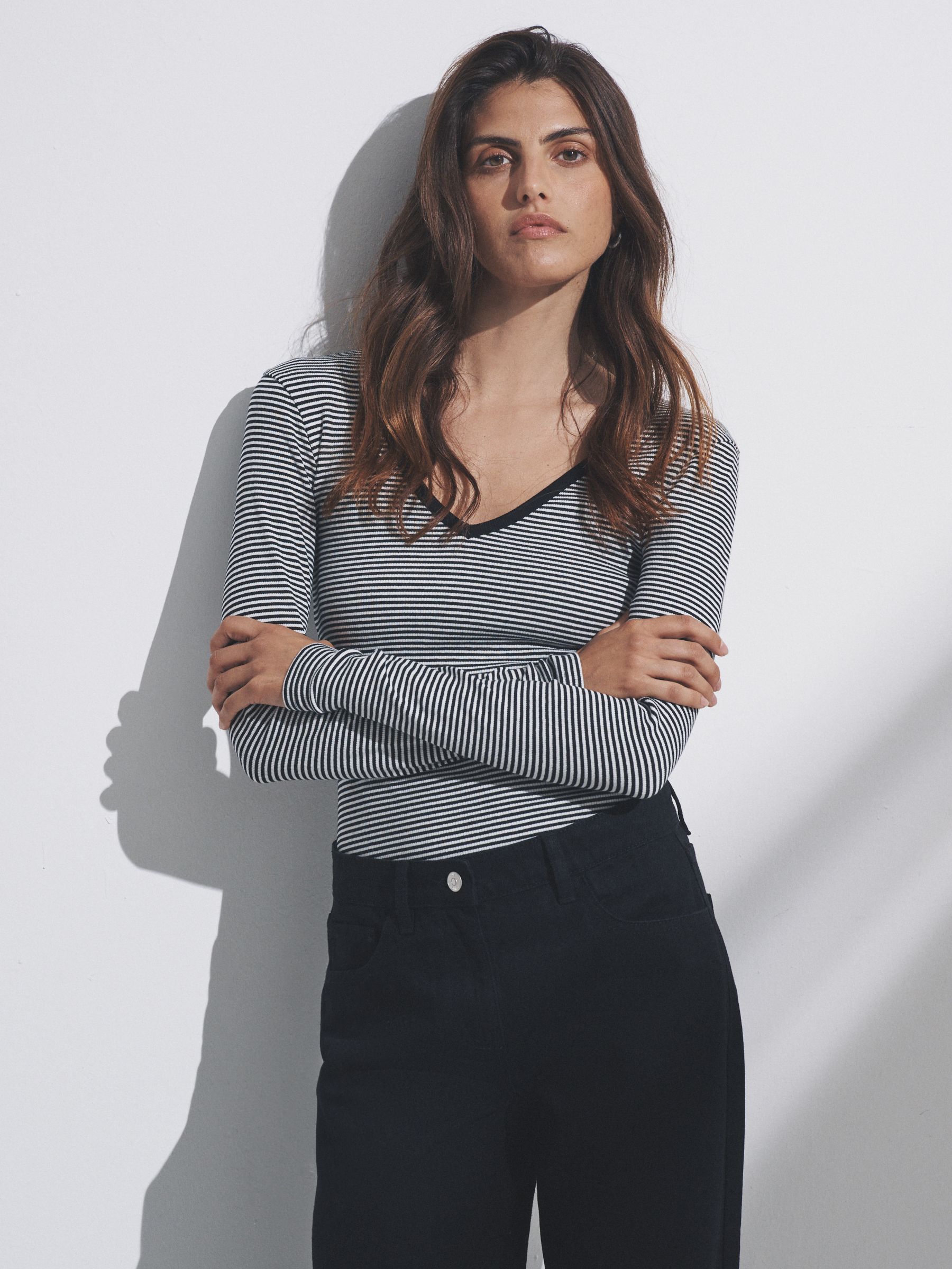 Black/White/Grey/Stripe - 4 Pack V-Neck Ribbed Long Sleeve T-Shirts - Image 1 of 11