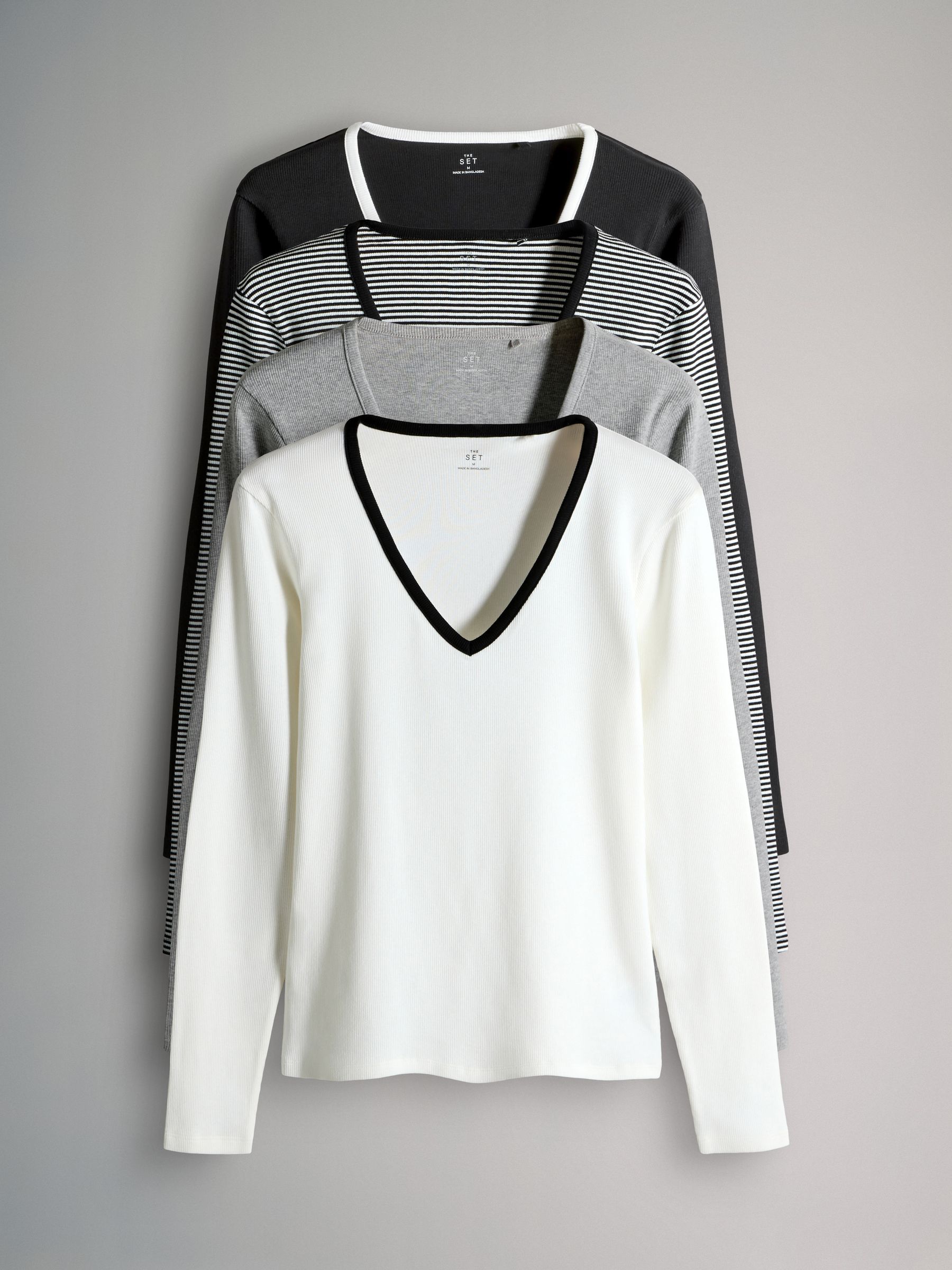 Black/White/Grey/Stripe - 4 Pack V-Neck Ribbed Long Sleeve T-Shirts - Image 2 of 11