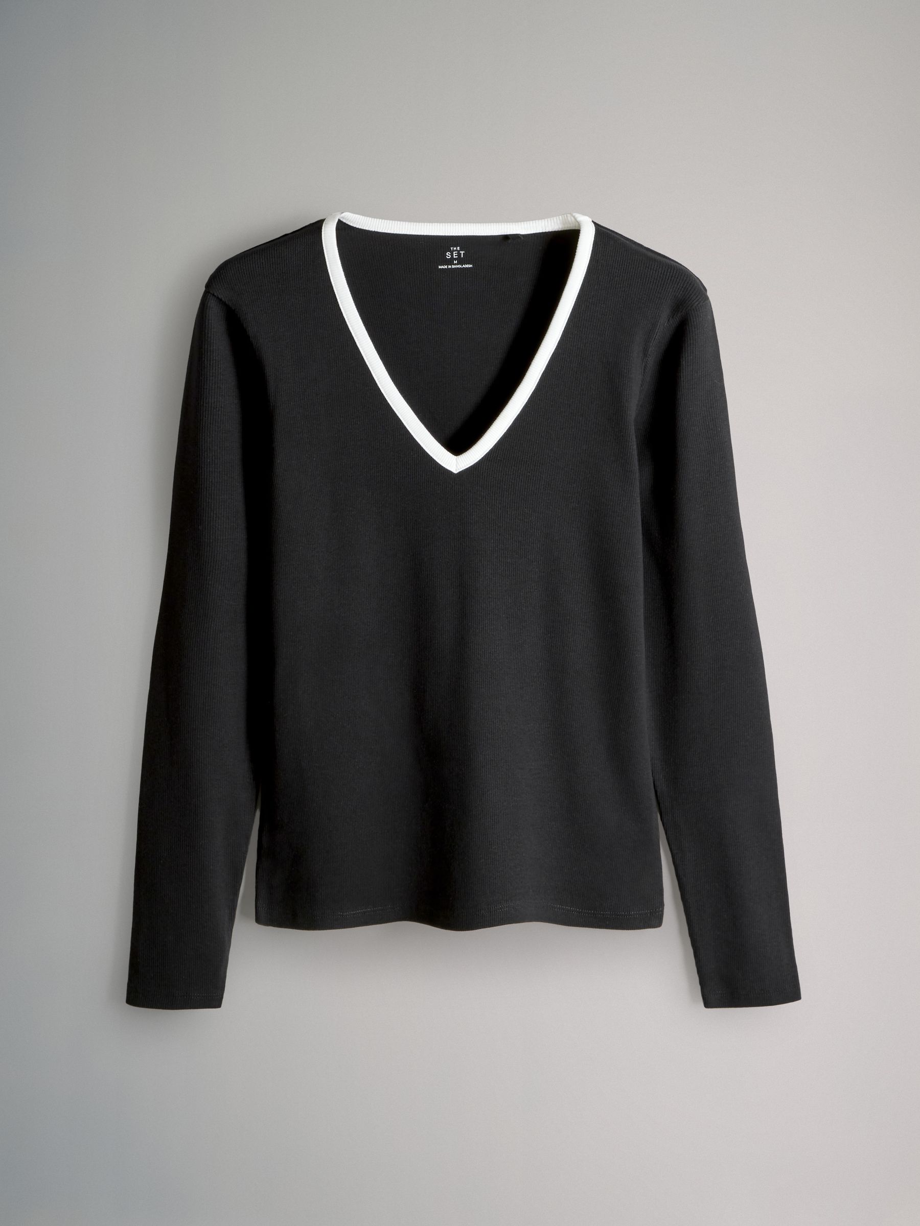 Black/White/Grey/Stripe - 4 Pack V-Neck Ribbed Long Sleeve T-Shirts - Image 6 of 11