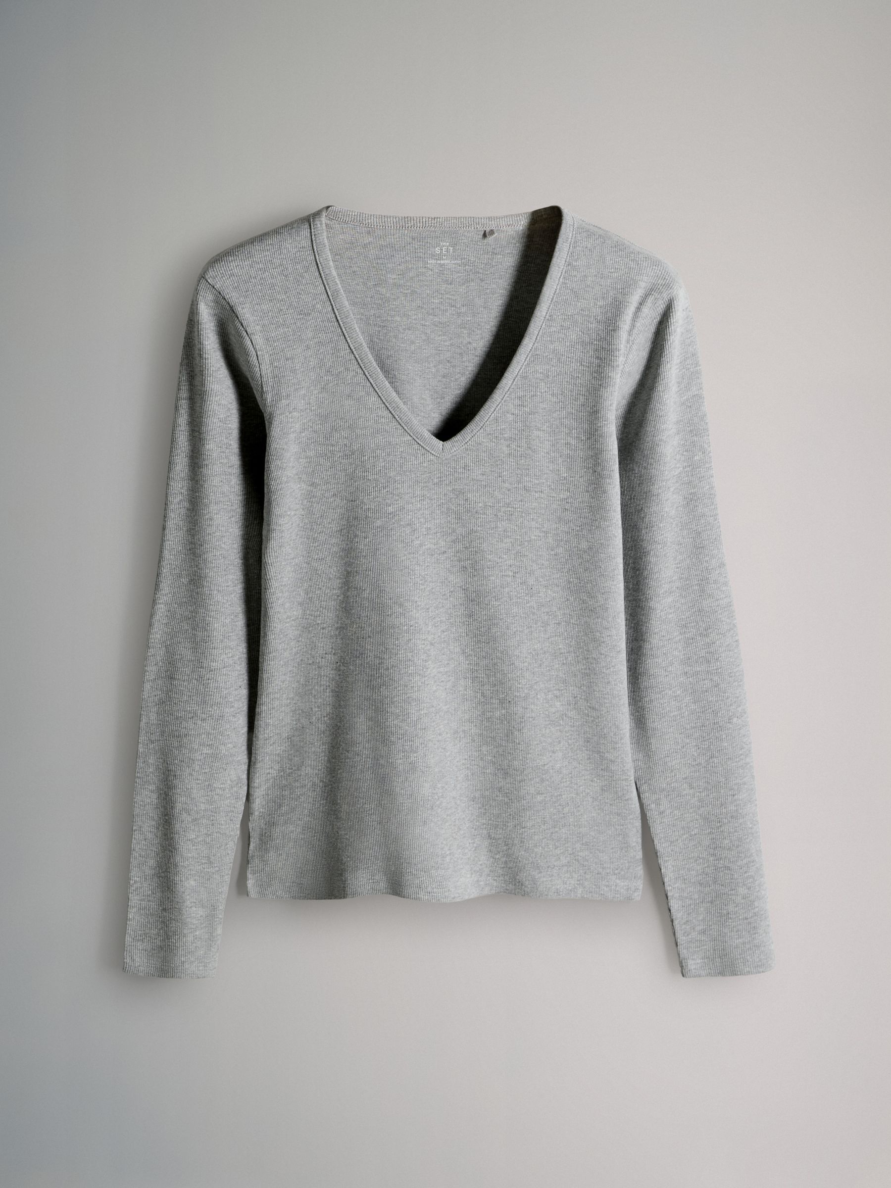Black/White/Grey/Stripe - 4 Pack V-Neck Ribbed Long Sleeve T-Shirts - Image 8 of 11