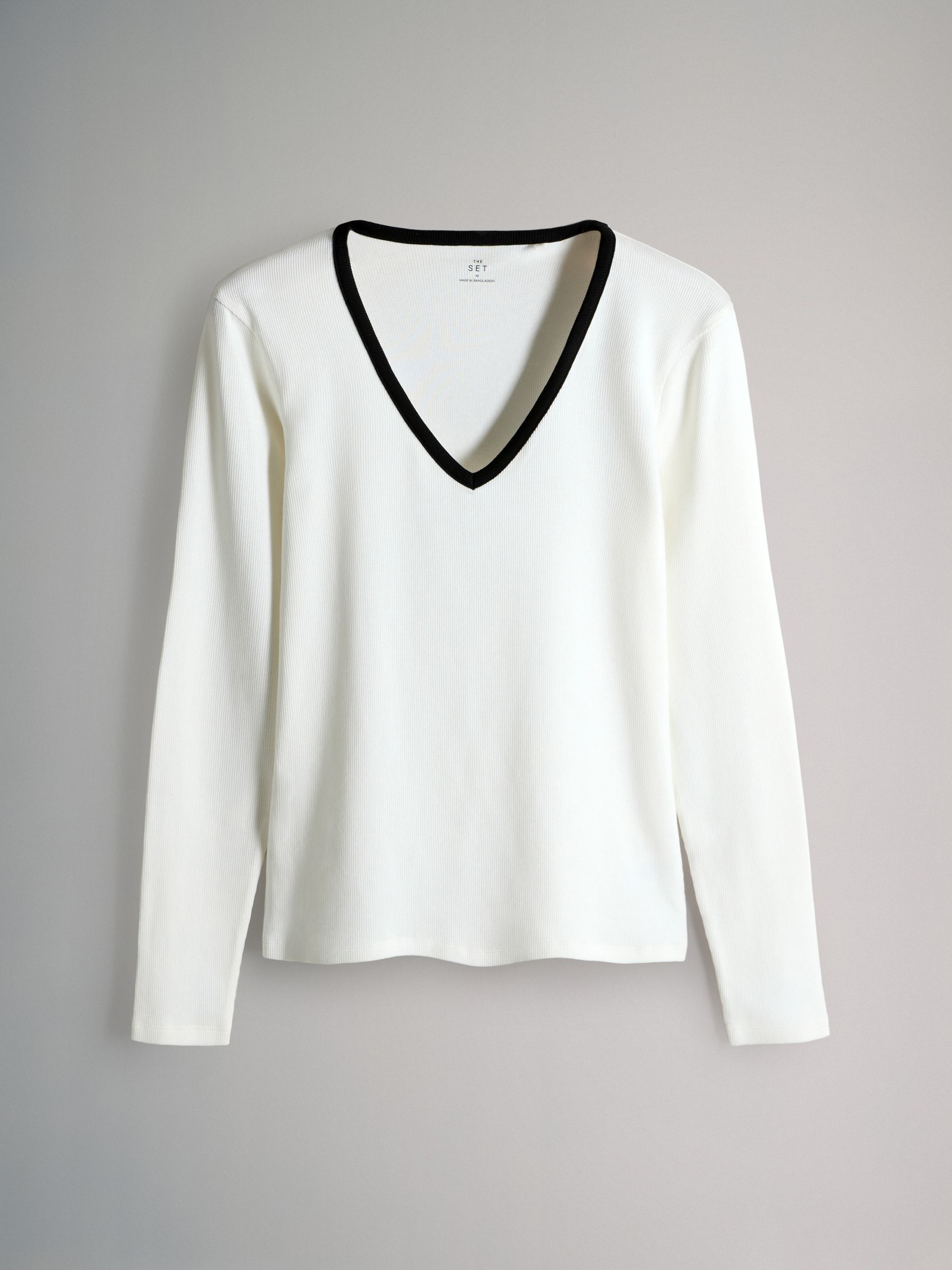 Black/White/Grey/Stripe - 4 Pack V-Neck Ribbed Long Sleeve T-Shirts - Image 9 of 11